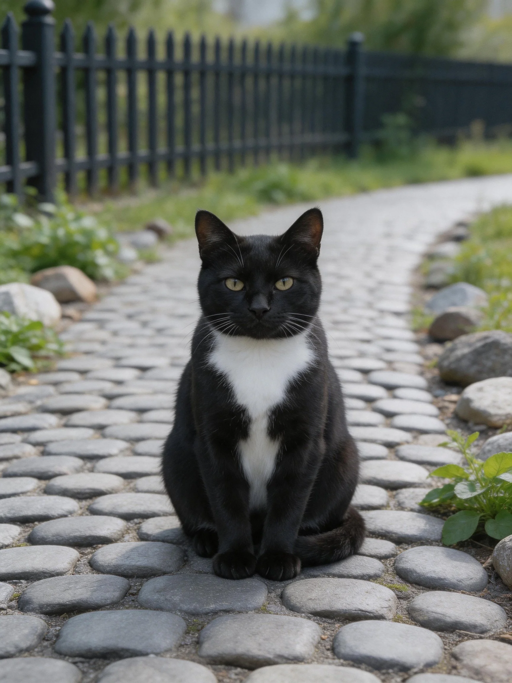 Black and white cat sitting on curved cobblestone path near fence