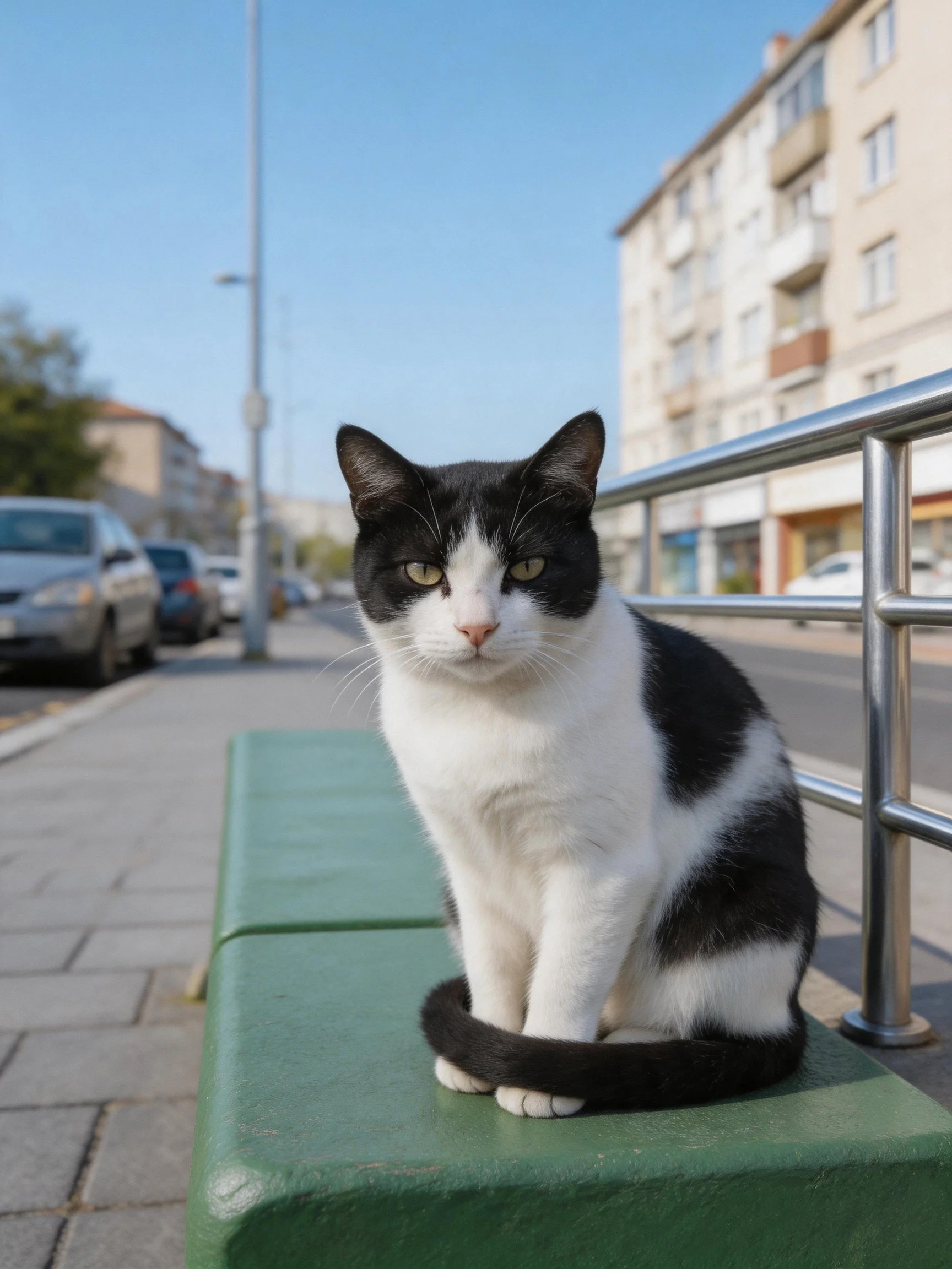 Black - and - white cat sitting on green bench by urban street