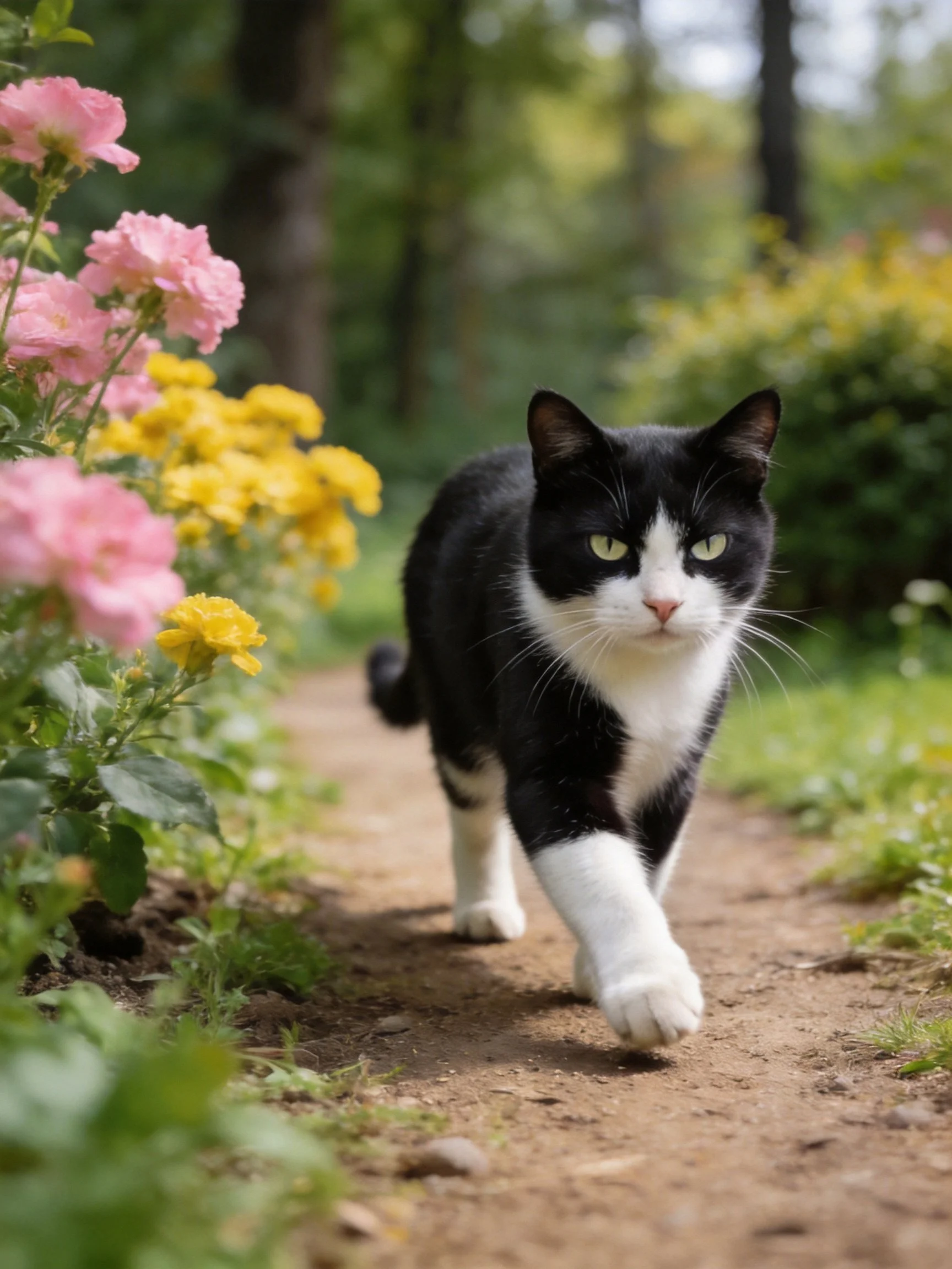 Black and white cat strolling near colorful flower beds on a dirt path