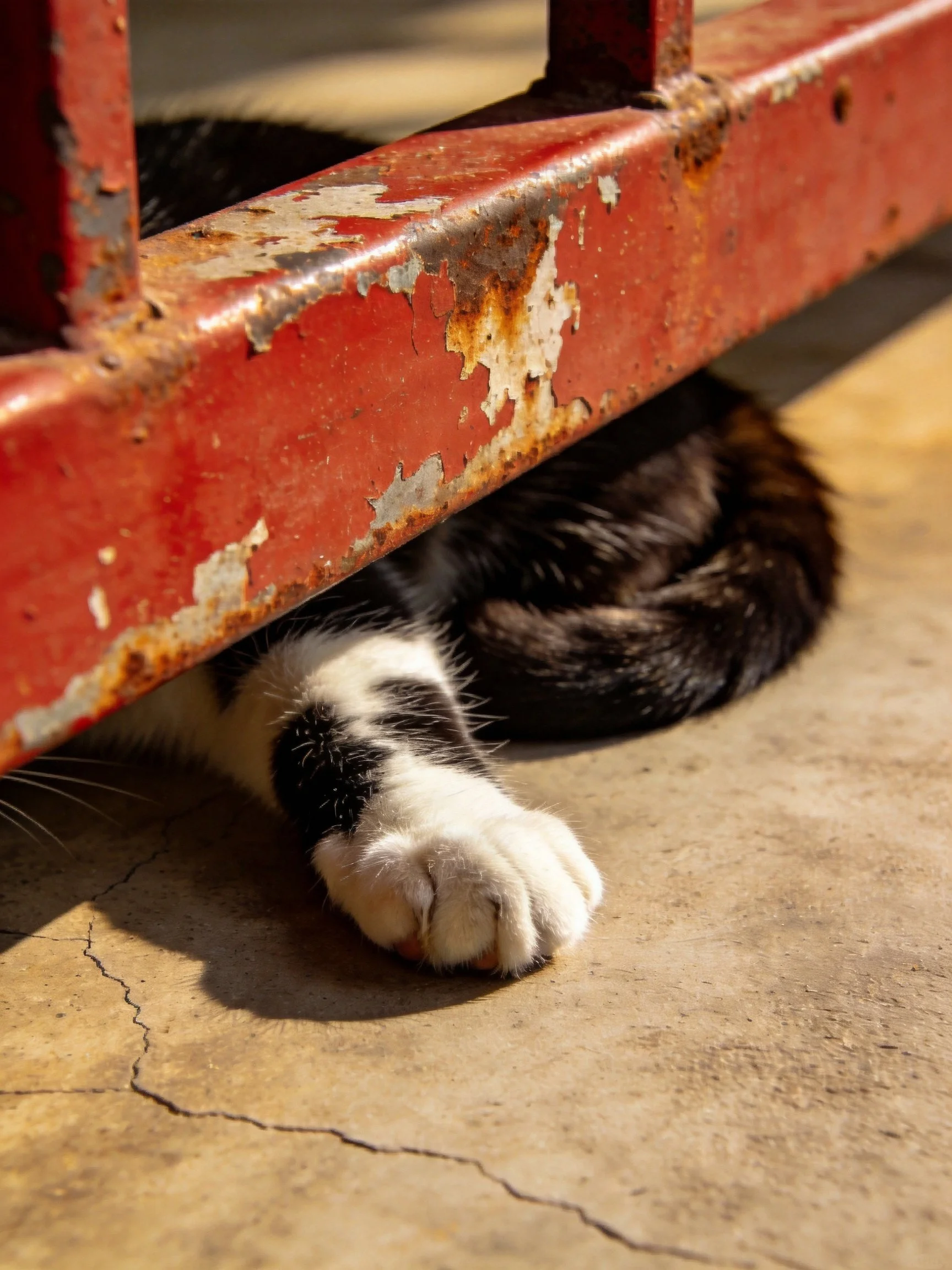 Black and white cat under aged red metal structure