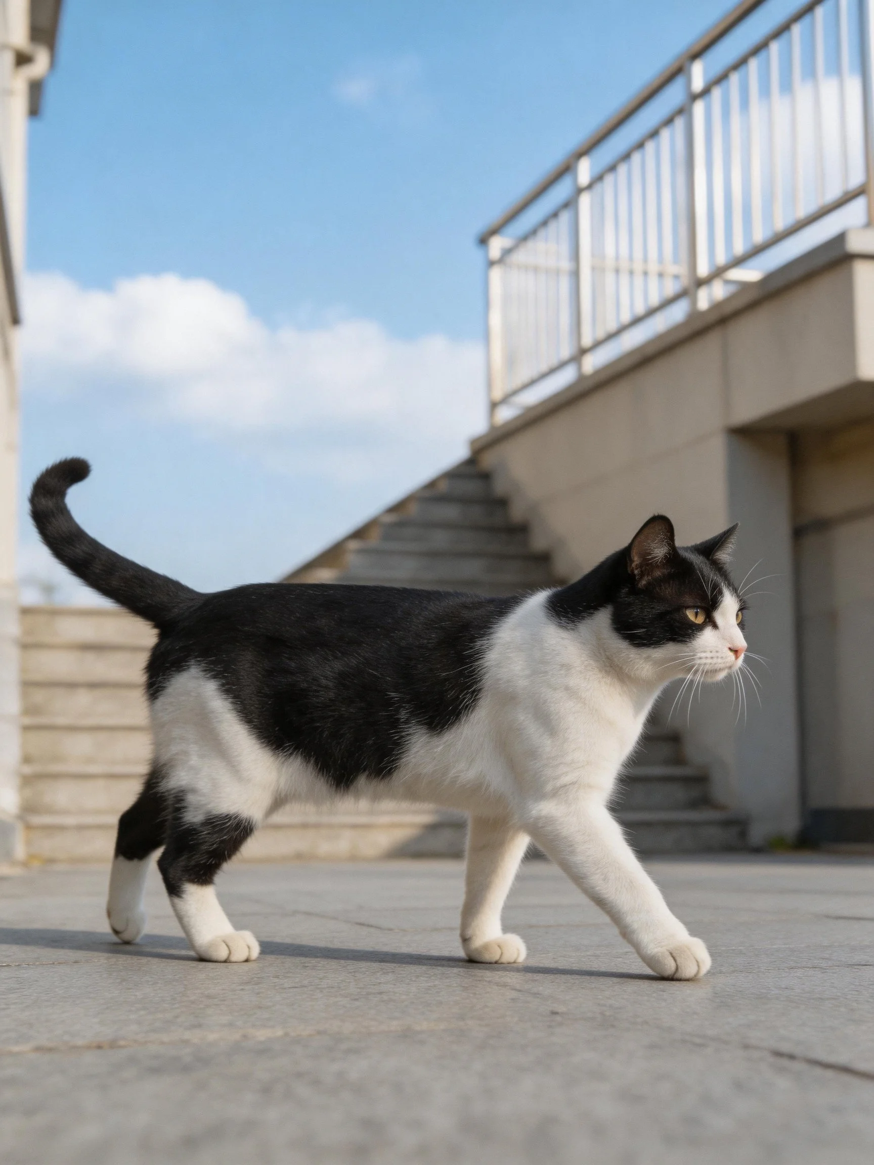 Black and white cat walking near concrete stairs under clear blue sky