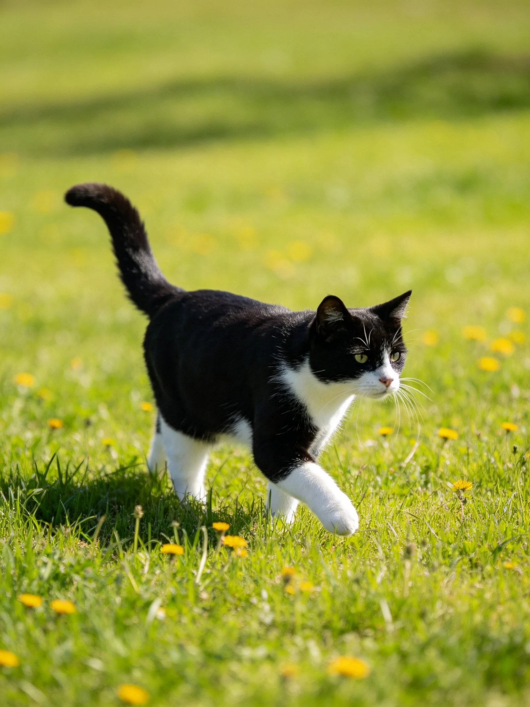 Black and white cat walking through a grassy field with yellow flowers