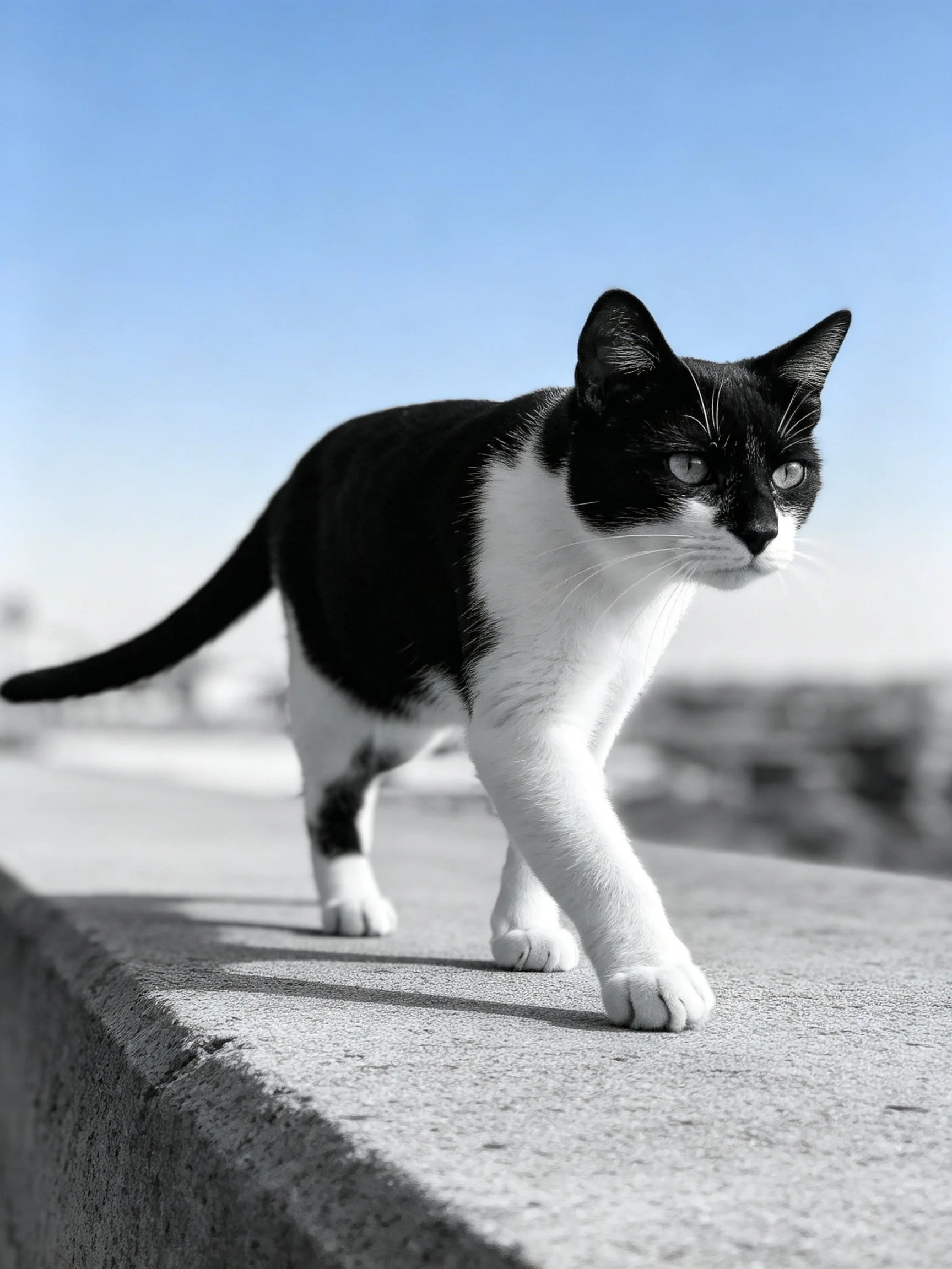 Black and white cat walks on concrete ledge under clear blue sky