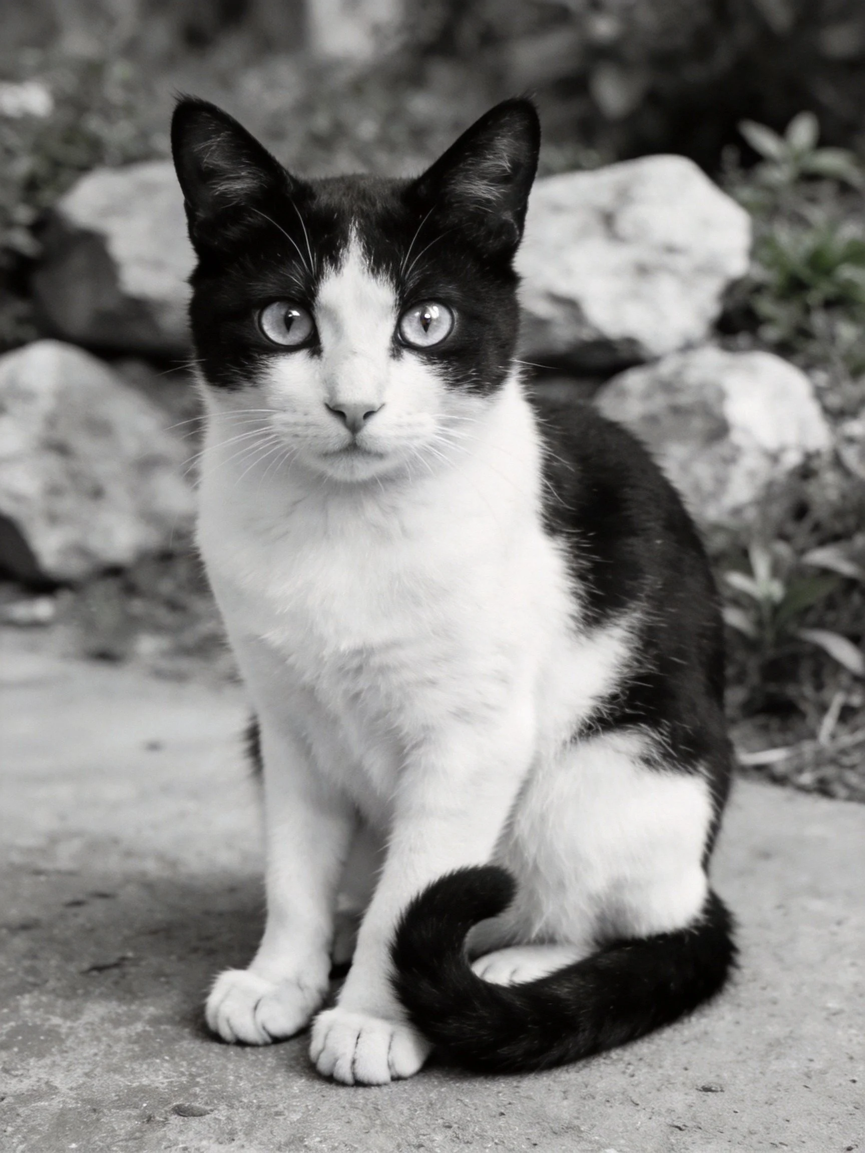 A black and white cat with blue eyes sits near rocks.