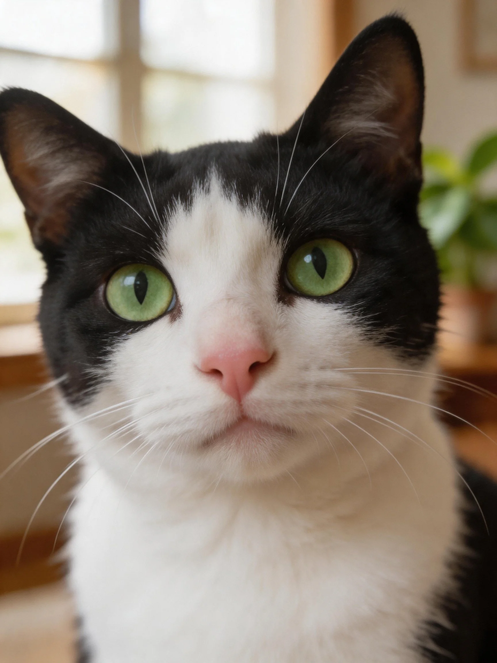 Black and white cat with bright green eyes in a cozy indoor setting