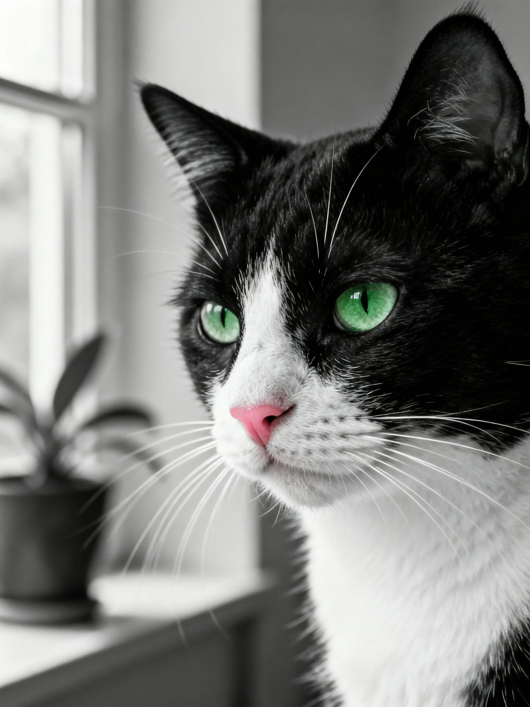 Black-and-white cat with bright green eyes near a window