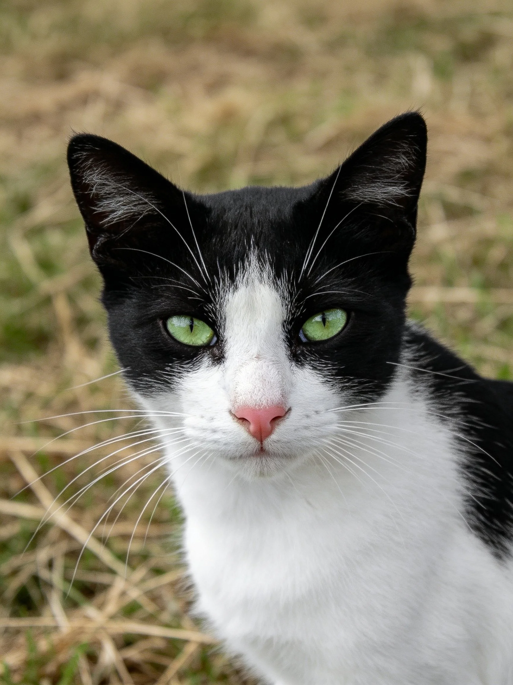 Black and white cat with bright green eyes on grass