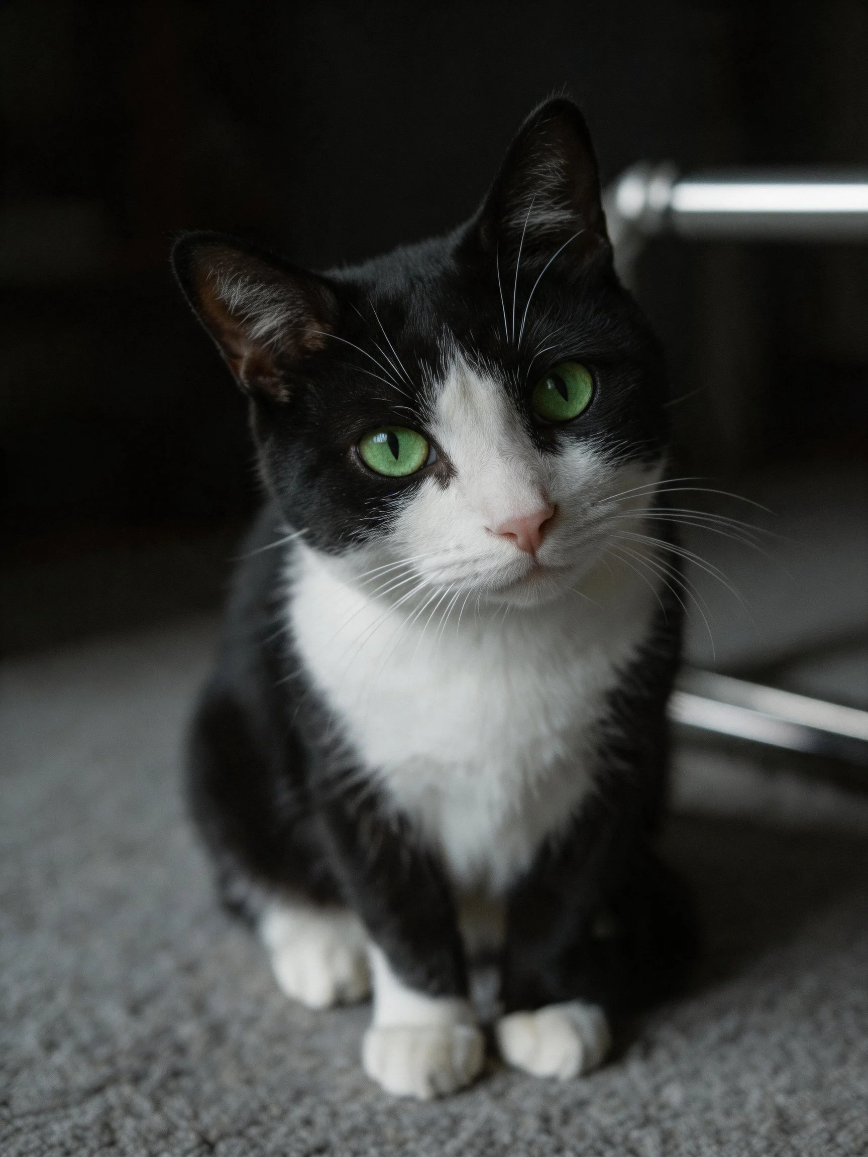 Black and white cat with bright green eyes on gray carpet
