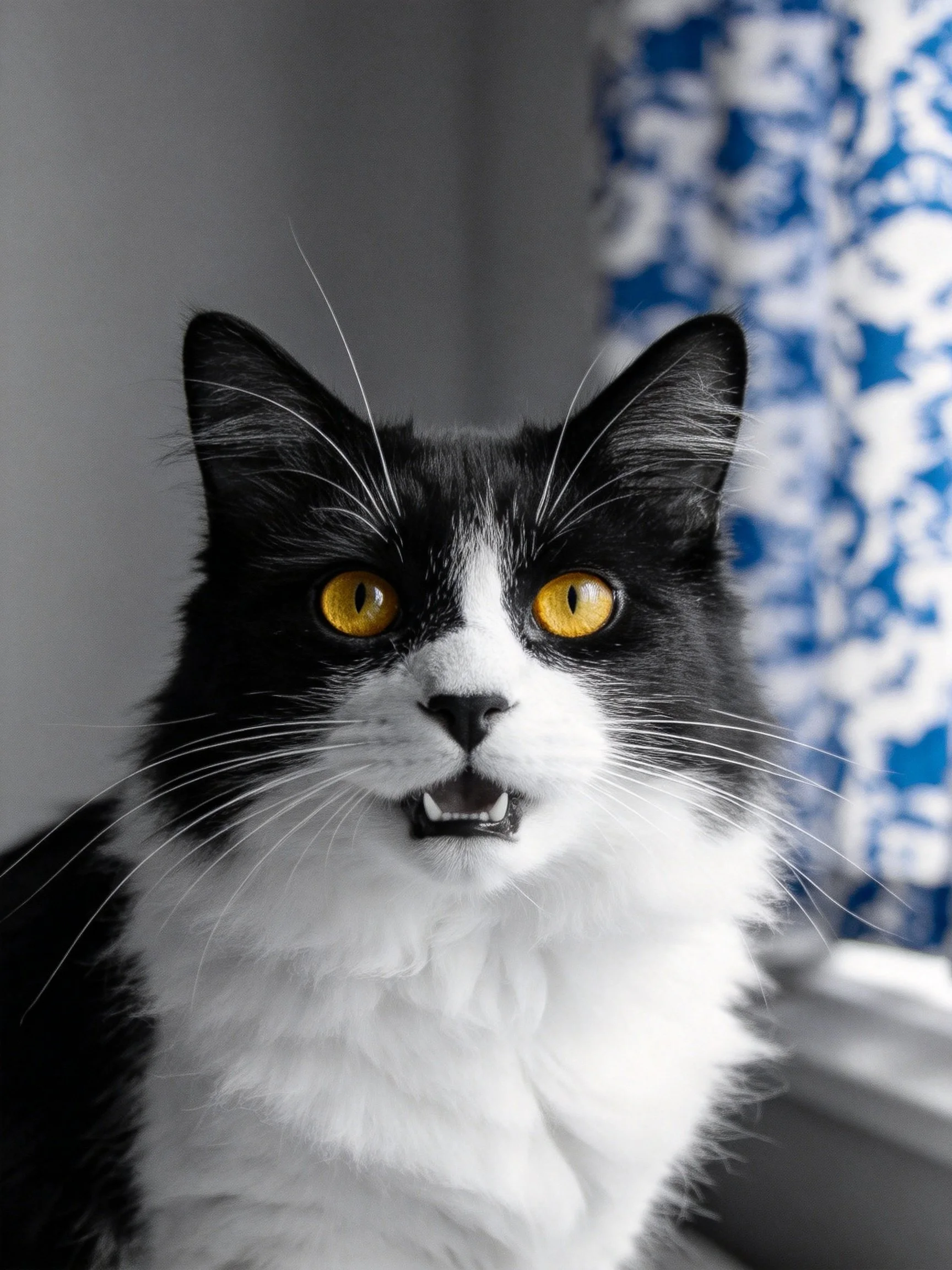 Black and white cat with bright yellow eyes by blue patterned curtain
