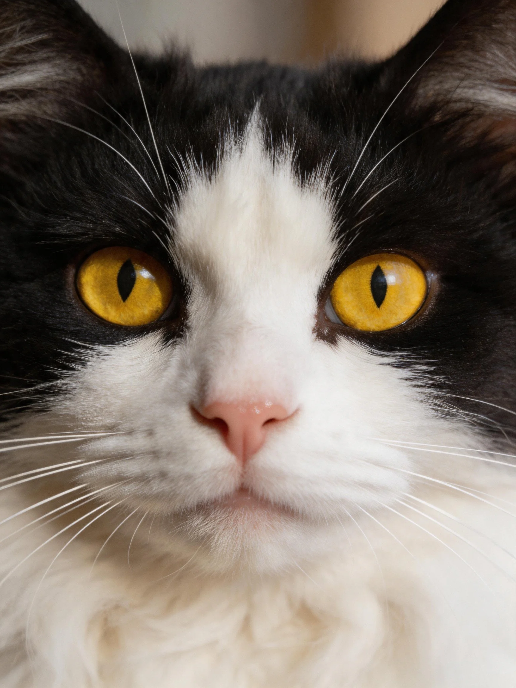 Black and white cat with bright yellow eyes in close - up