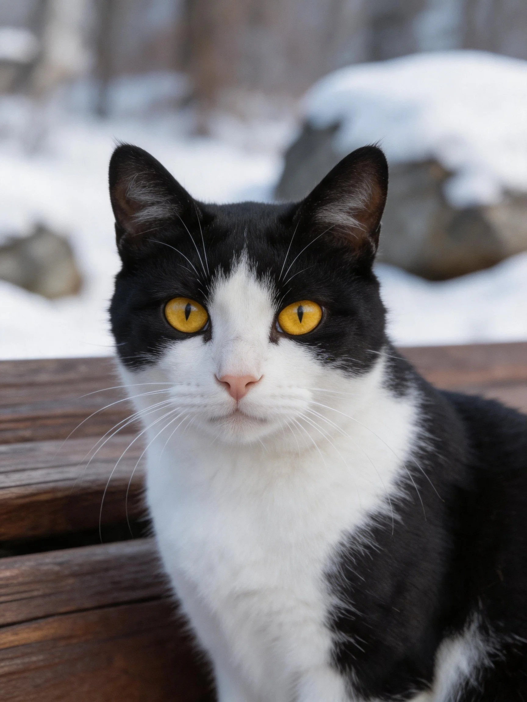 Black and white cat with bright yellow eyes near snowy rocks