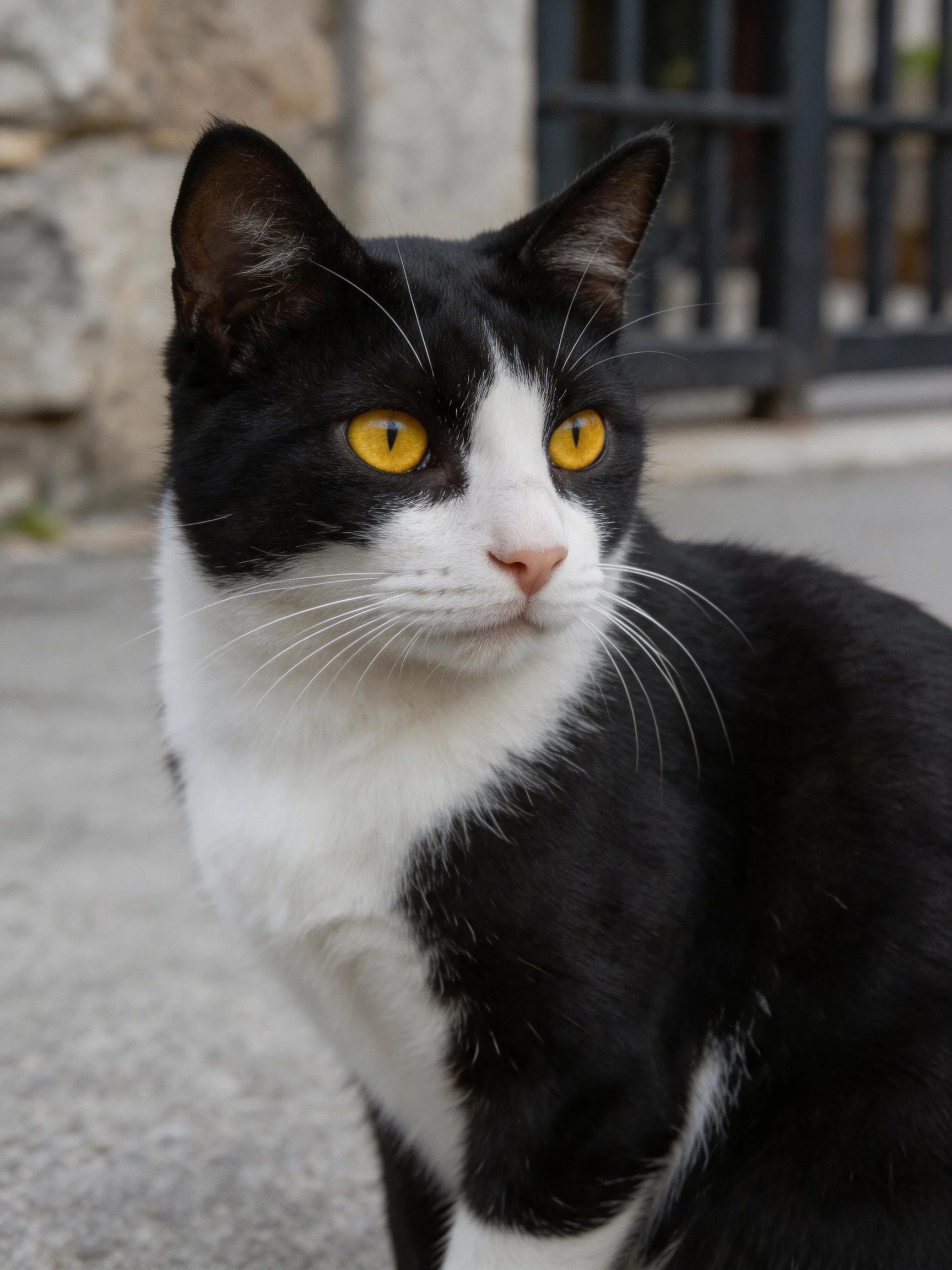 Black and white cat with bright yellow eyes near stone wall