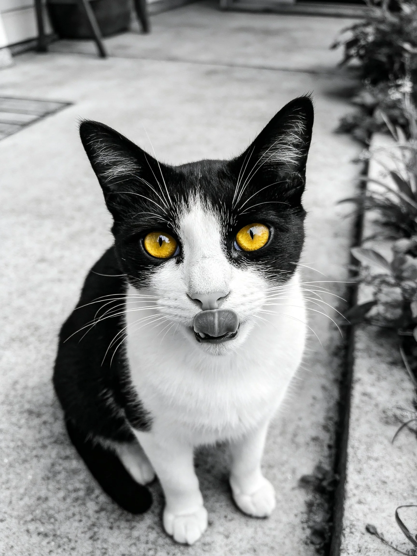Black and white cat with bright yellow eyes on concrete