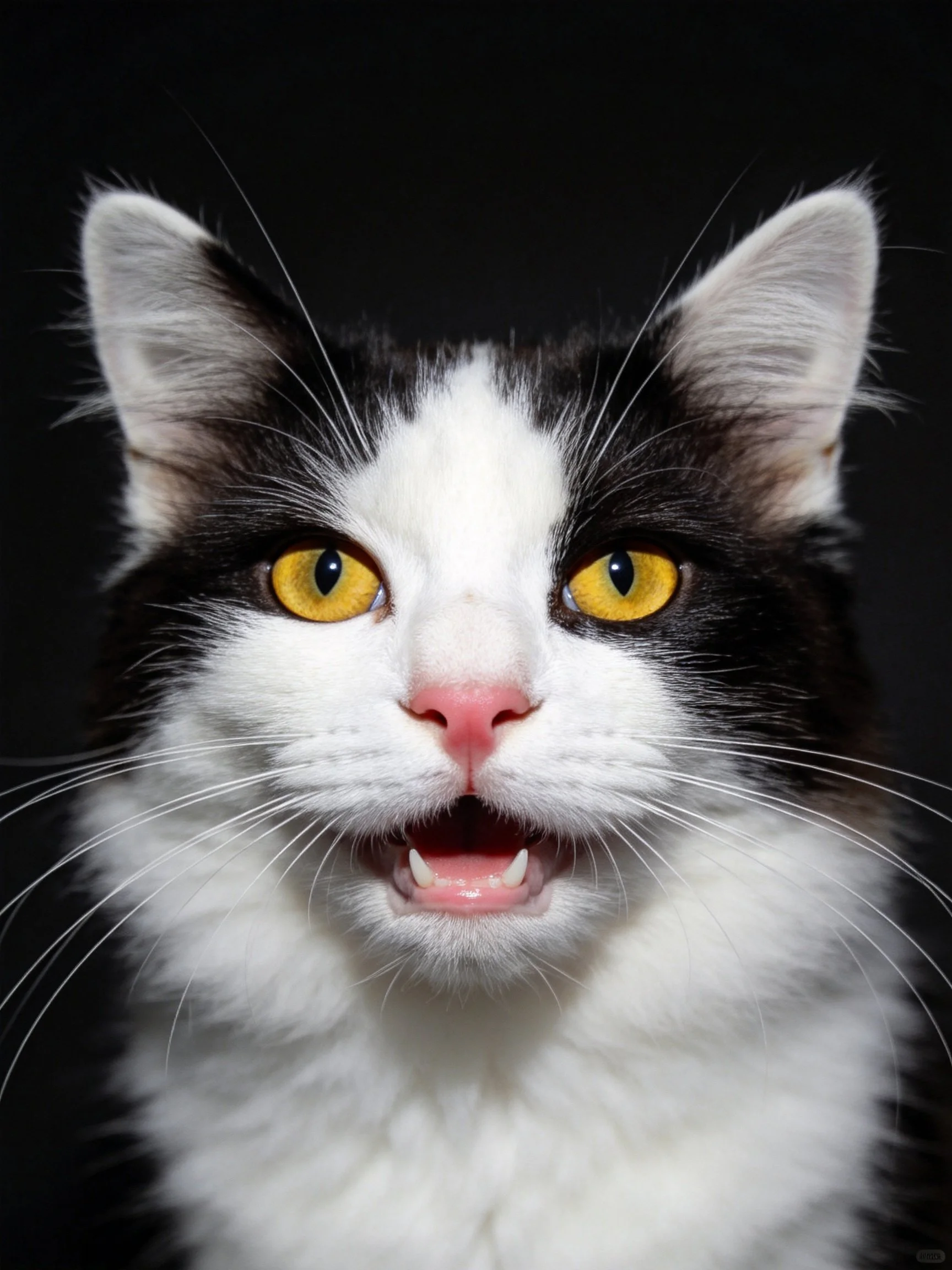 Black and white cat with bright yellow eyes on dark background