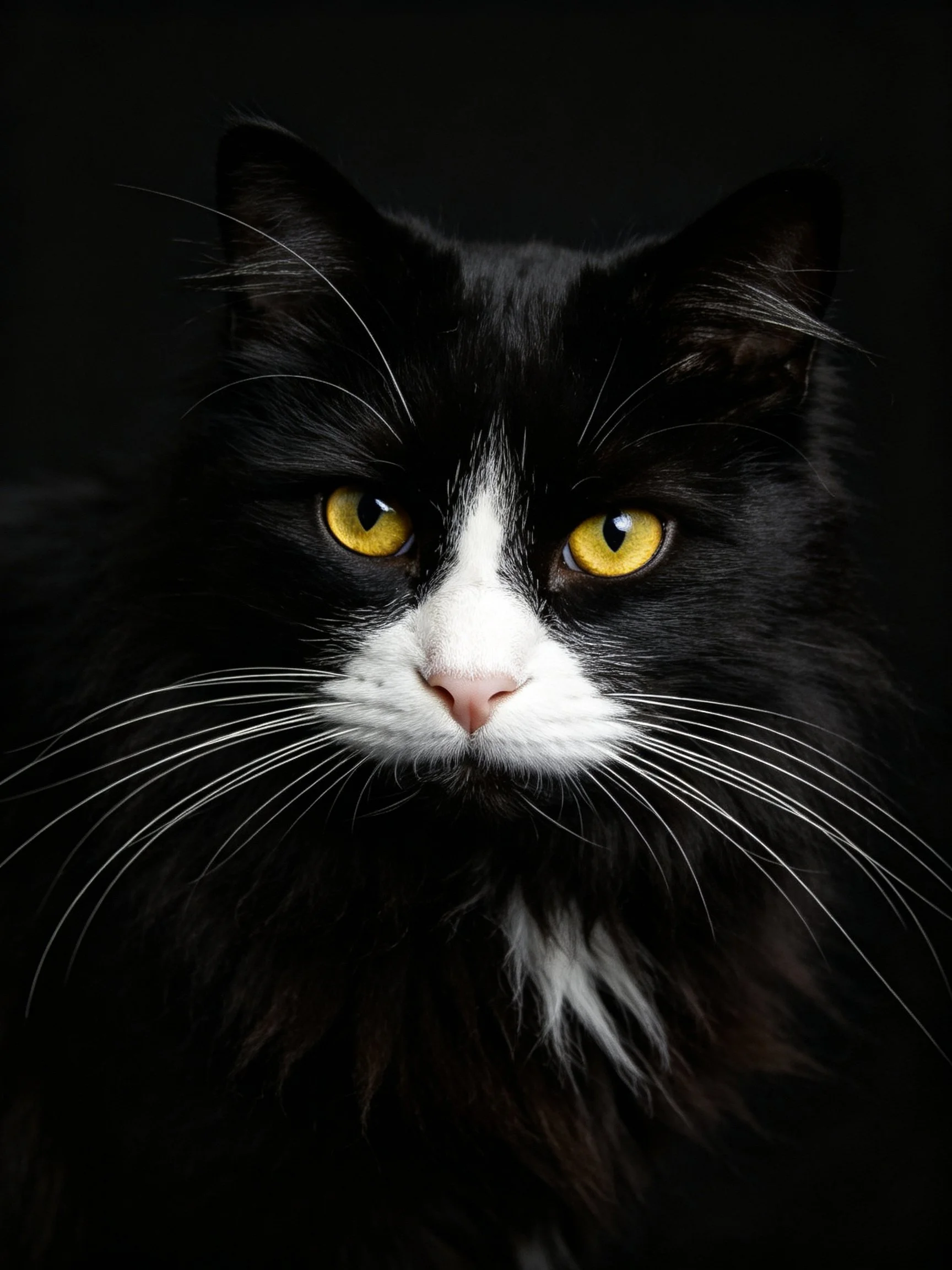 Black and white cat with bright yellow eyes on dark background