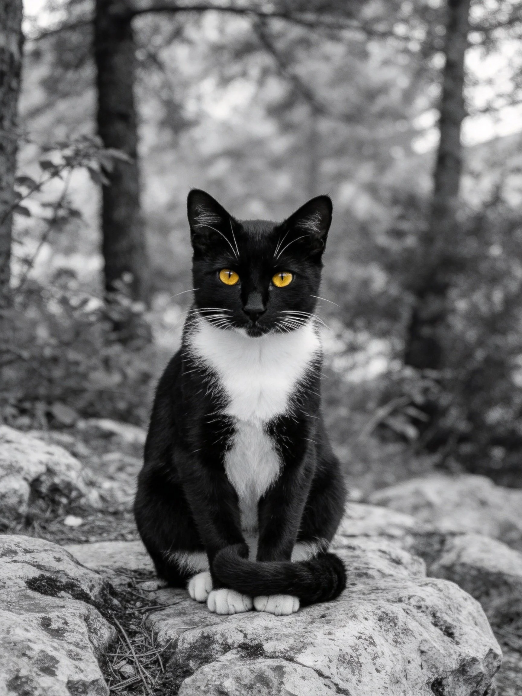 Black and white cat with bright yellow eyes sitting on forest rocks