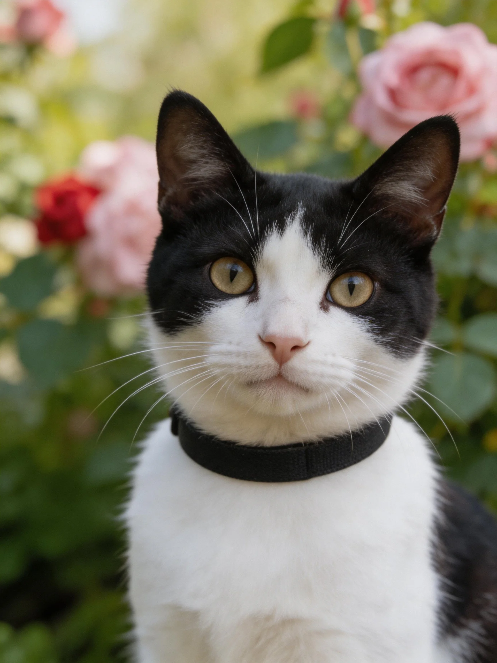 Black - and - white cat with collar near pink and red roses