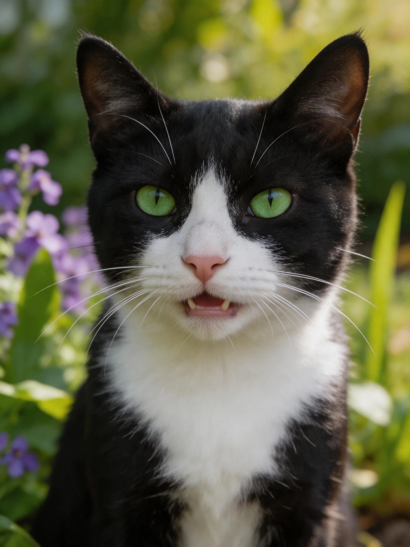 Black and white cat with green eyes amid floral garden