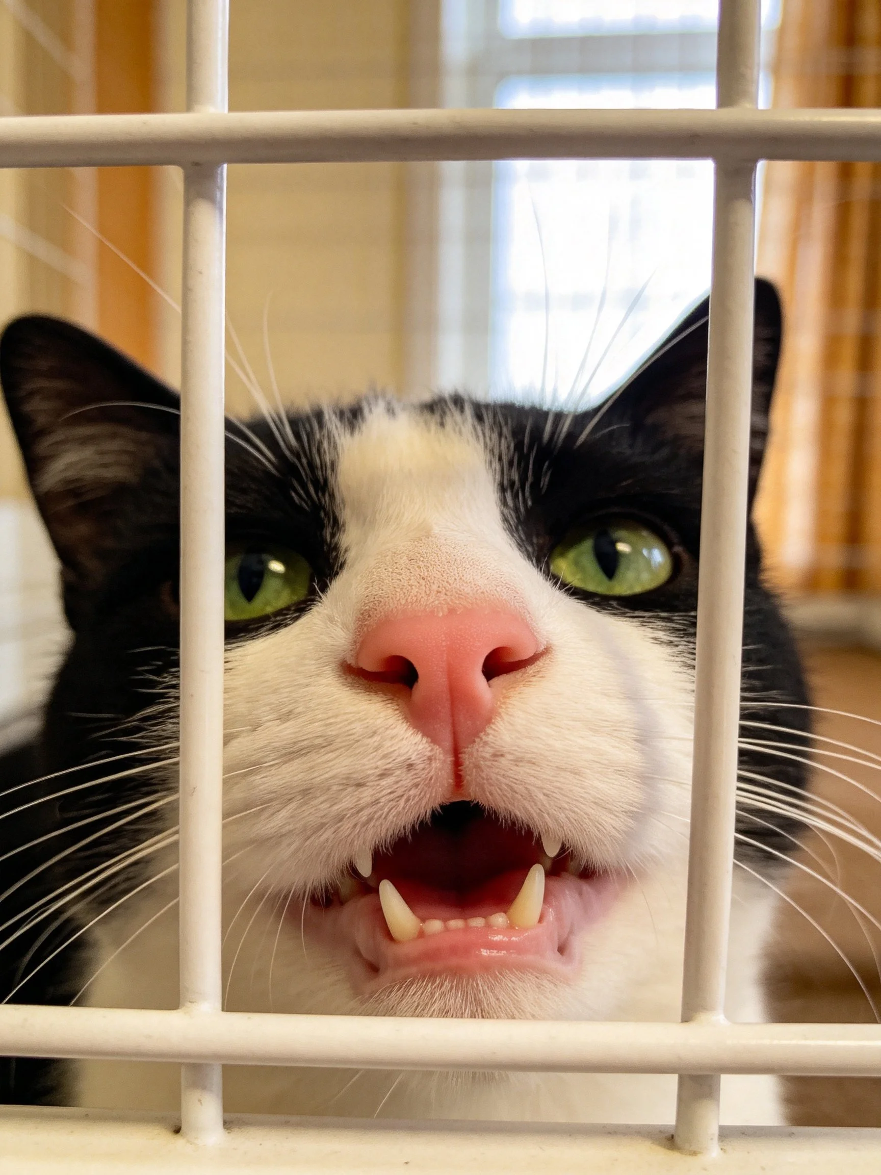 A black and white cat with green eyes looks through white metal bars.