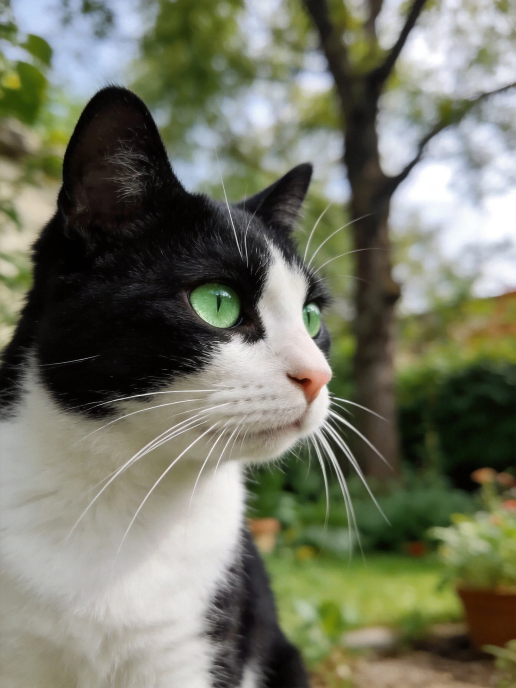 A black and white cat with green eyes observes its surroundings in a garden.