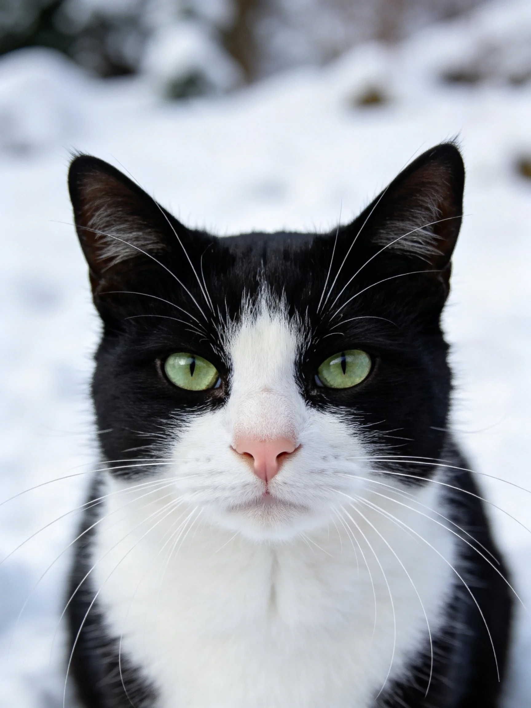Black and white cat with green eyes in a snowy landscape