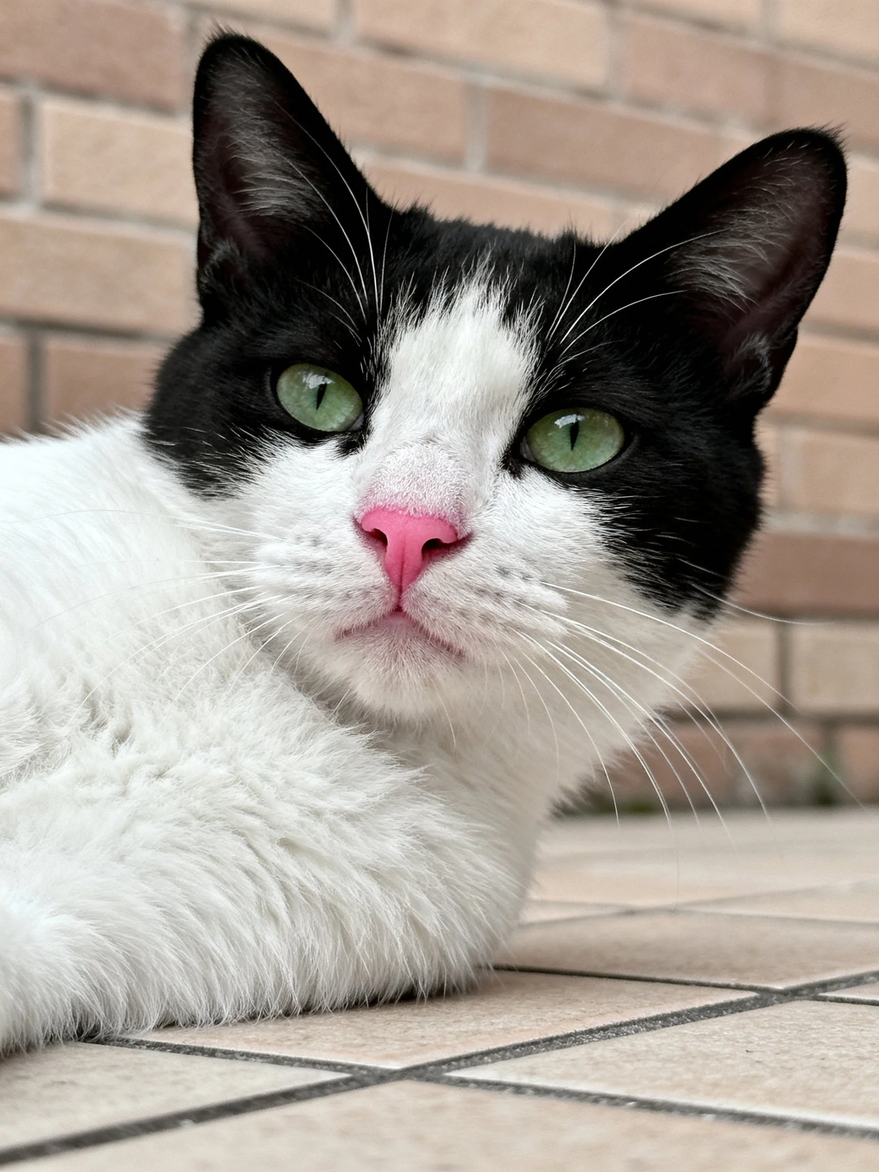 A black and white cat with green eyes rests near a brick wall.