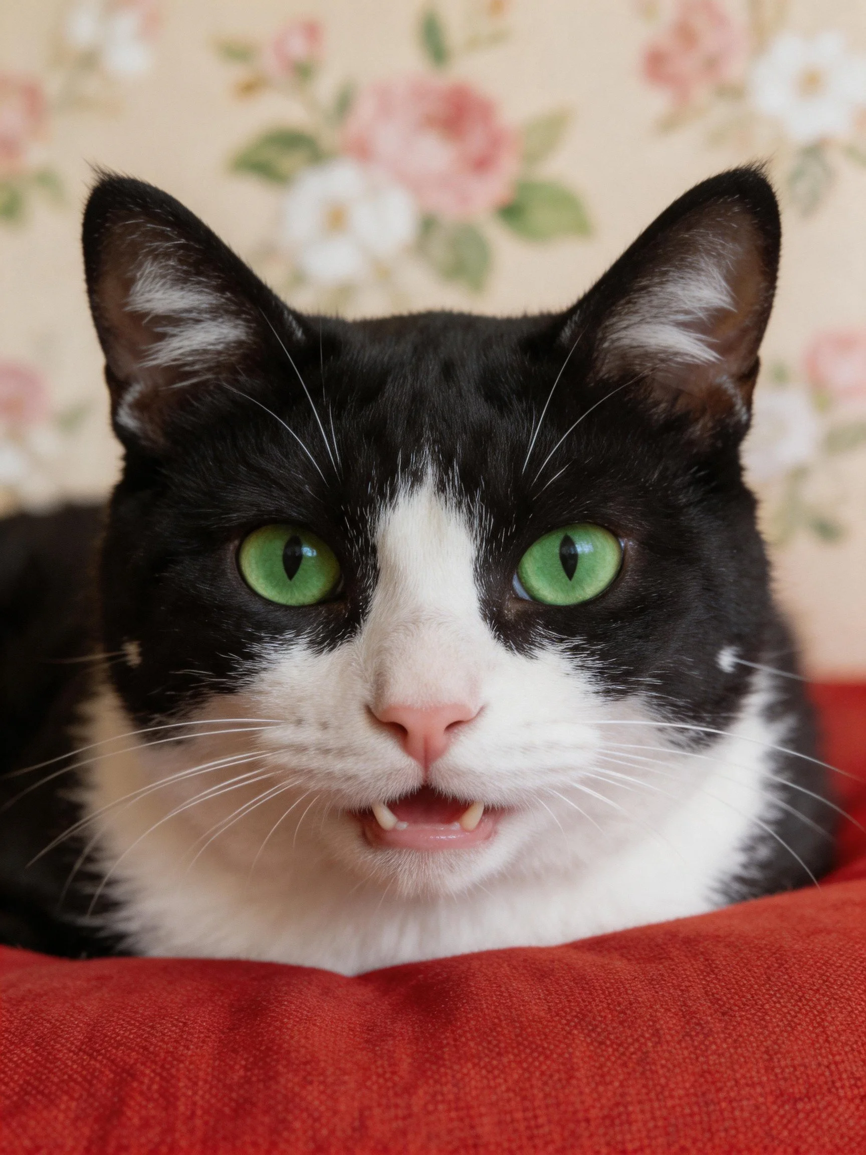 Black and white cat with green eyes on red fabric near floral wallpaper