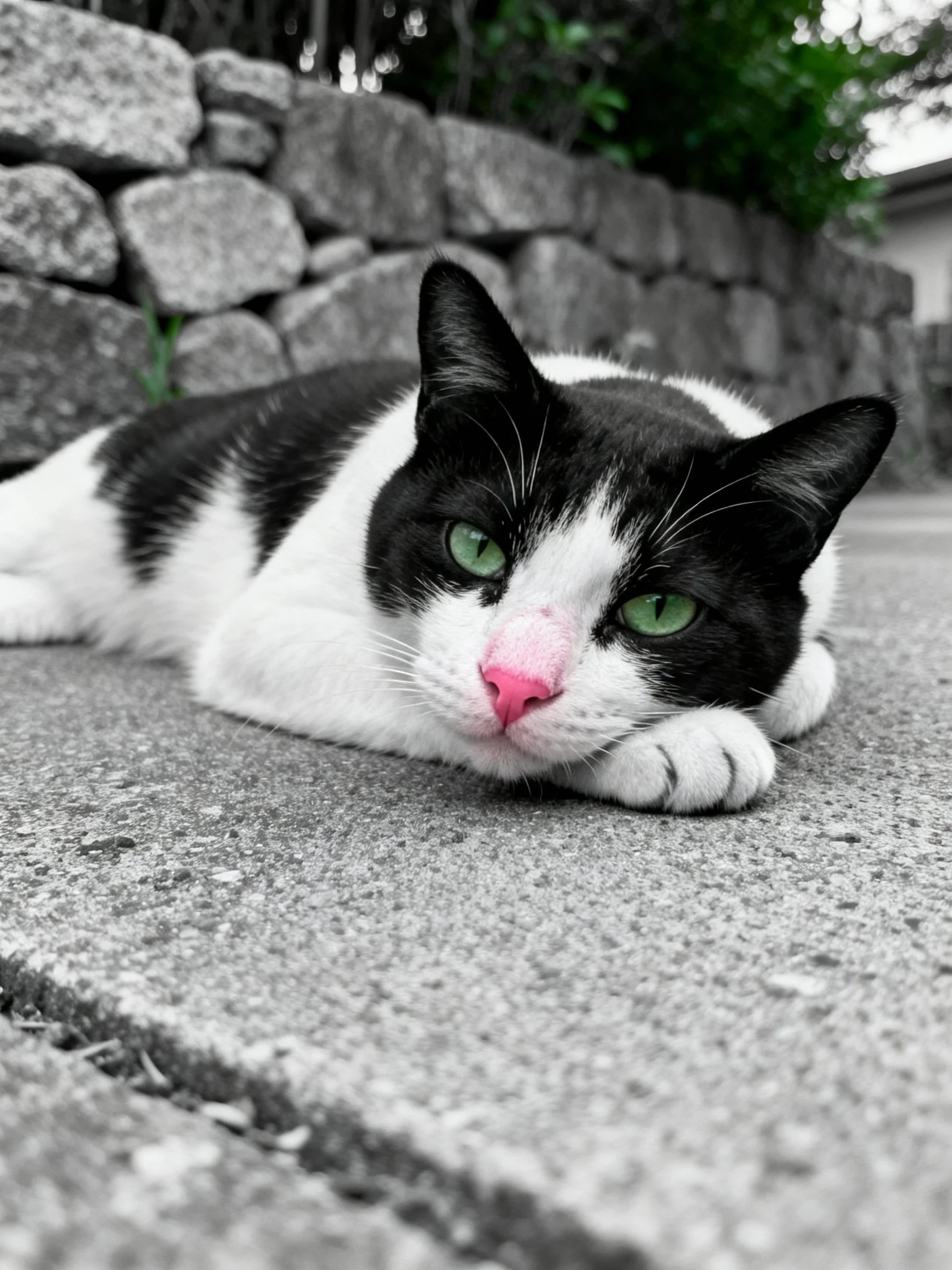 Black and white cat with green eyes resting by stone wall
