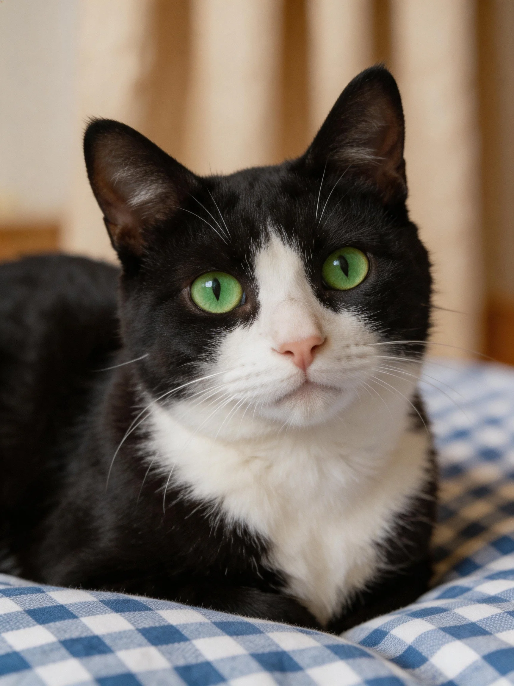 A black and white cat with green eyes relaxes on checkered fabric.