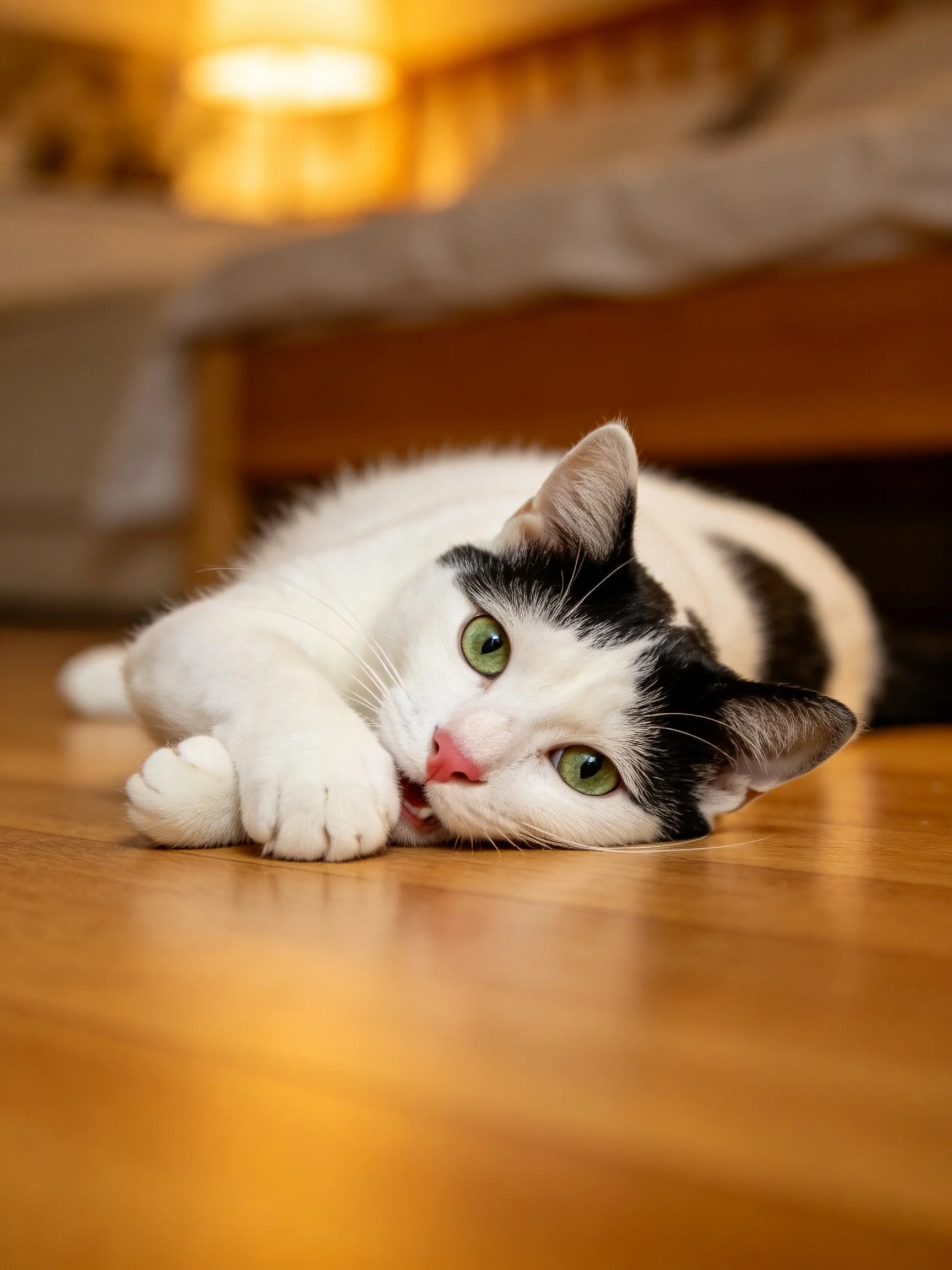 Black and white cat with green eyes resting on wooden floor