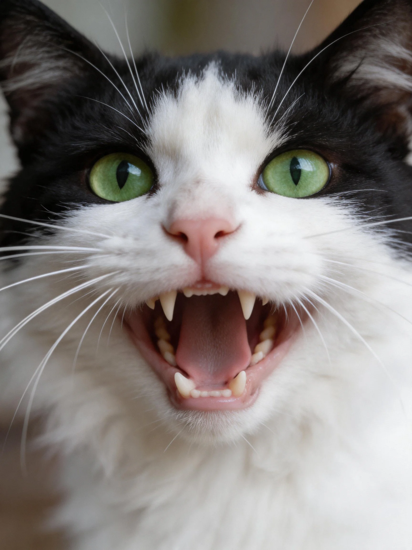 A black and white cat shows its teeth while staring directly ahead.