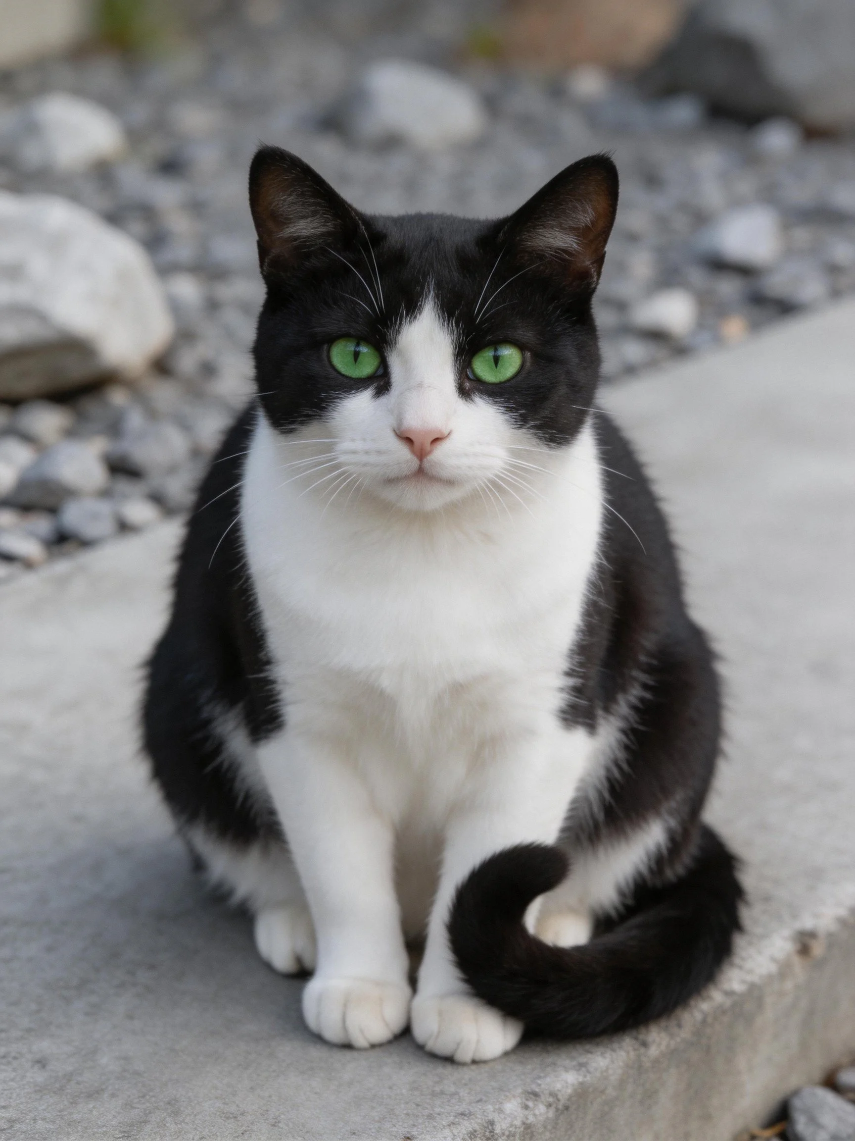 A black and white cat with green eyes sits calmly on concrete beside gravel.
