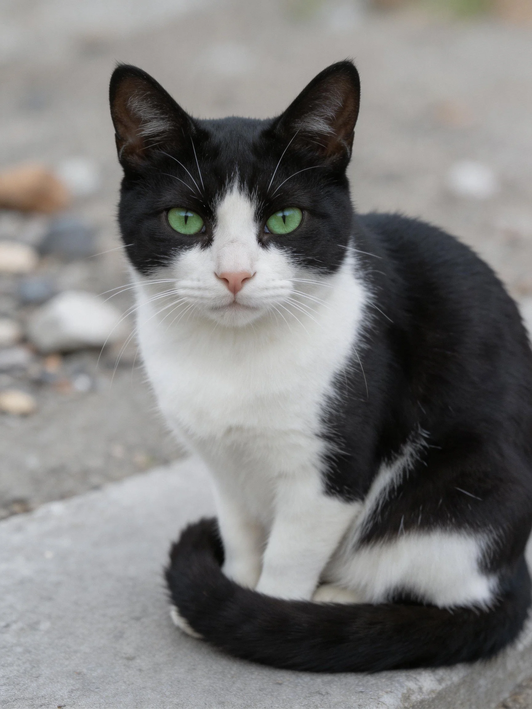 Black and white cat with green eyes sitting on concrete near pebbles
