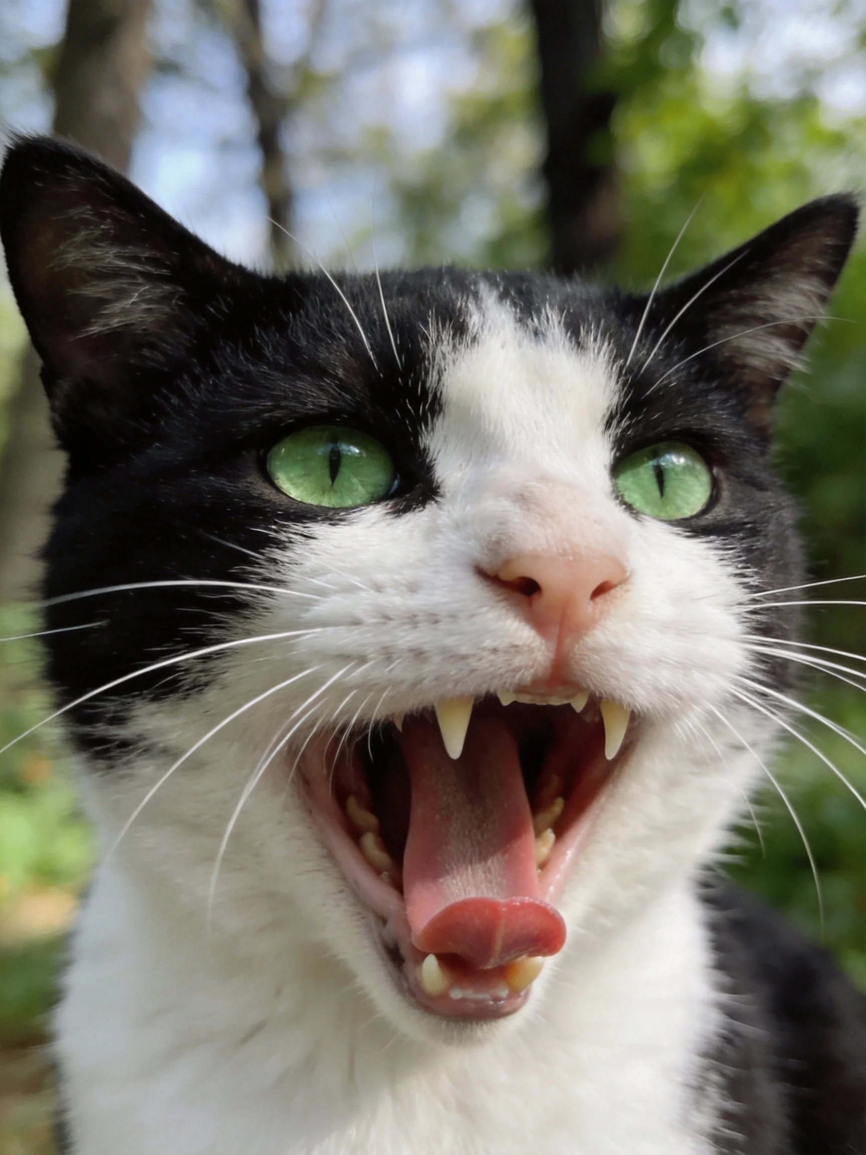 Black and white cat with green eyes yawning outdoors
