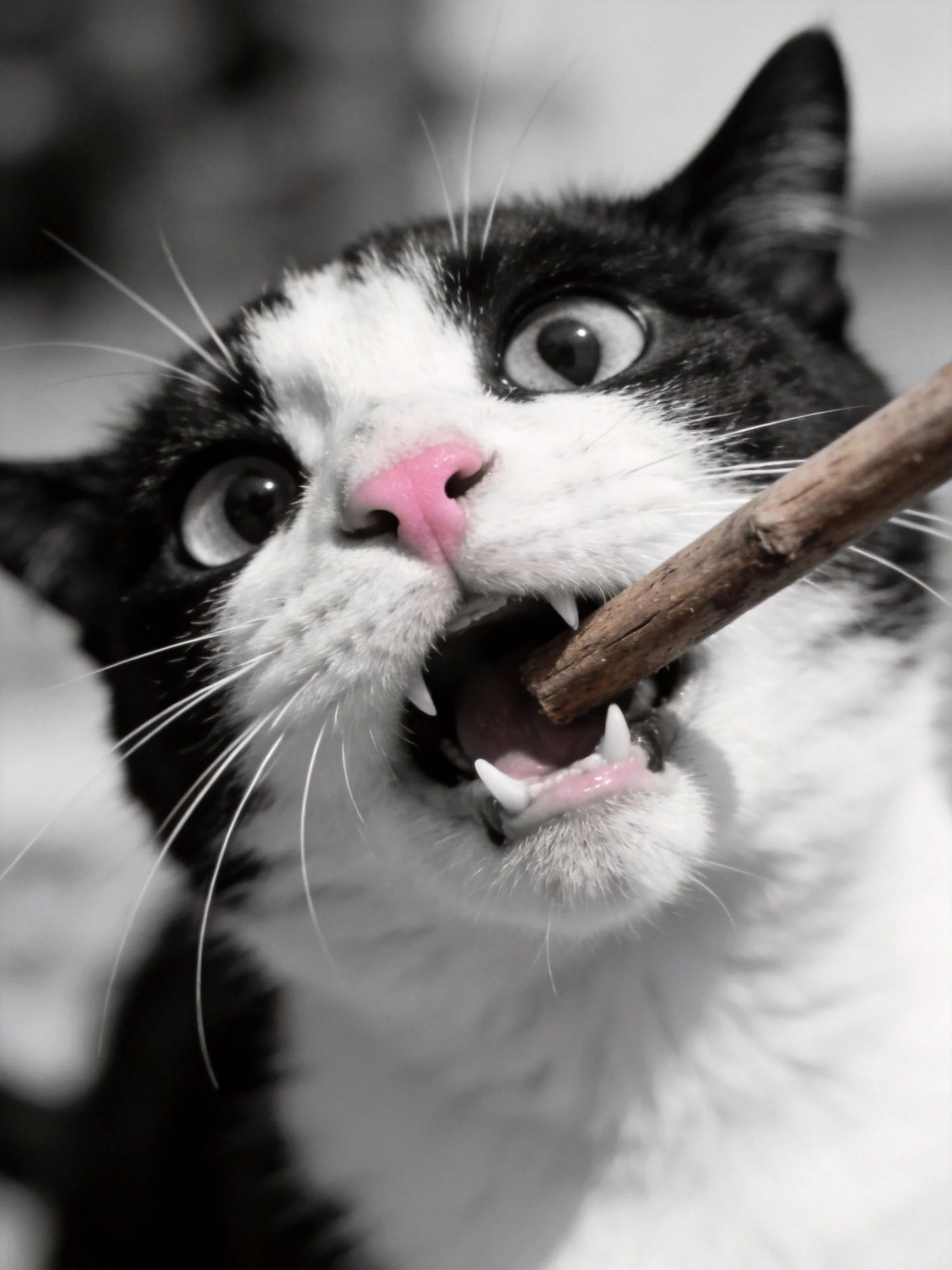 Black and white cat with pink nose biting a wooden stick