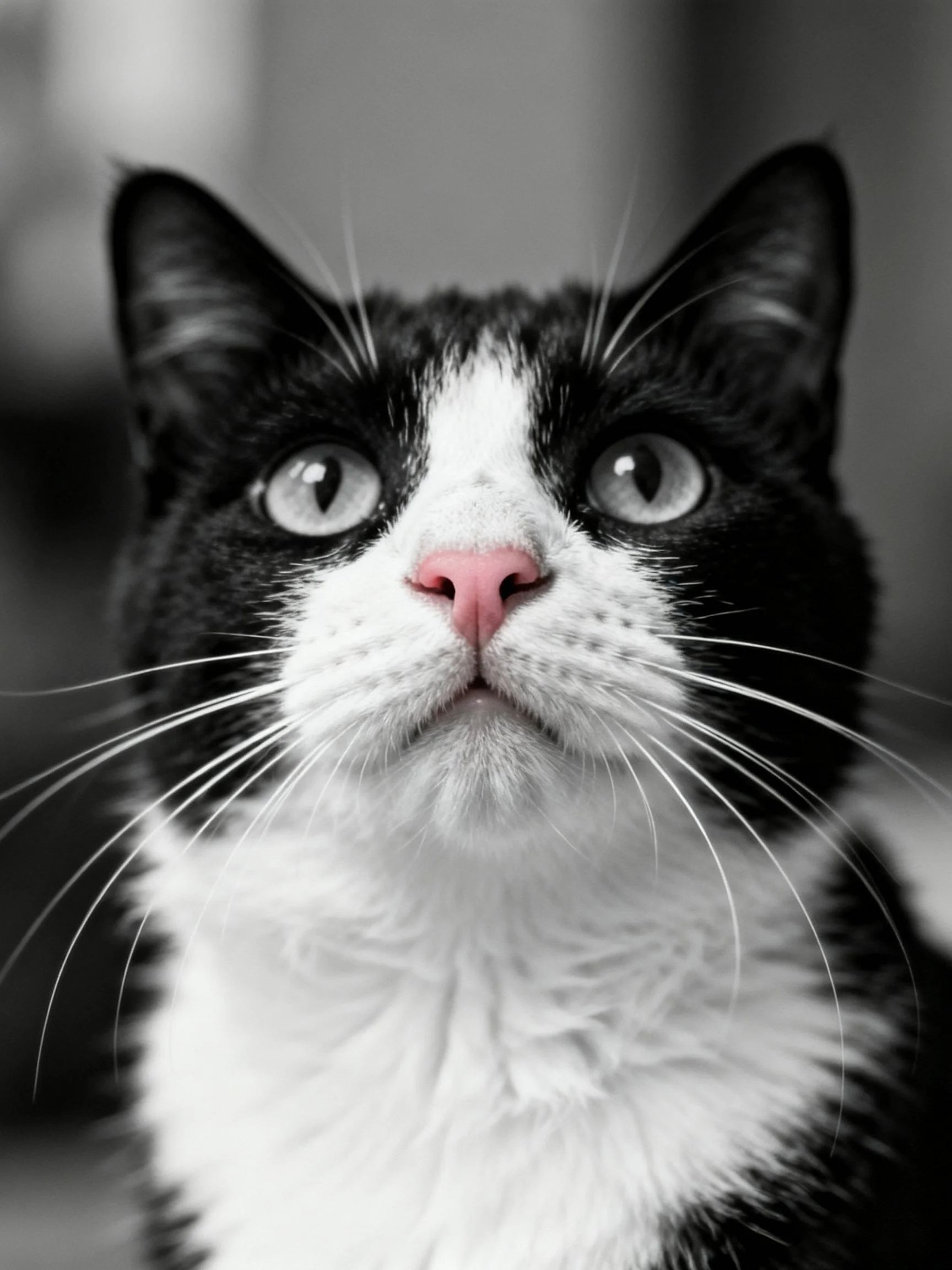 A black and white cat with a pink nose looks upward amid a blurred backdrop.