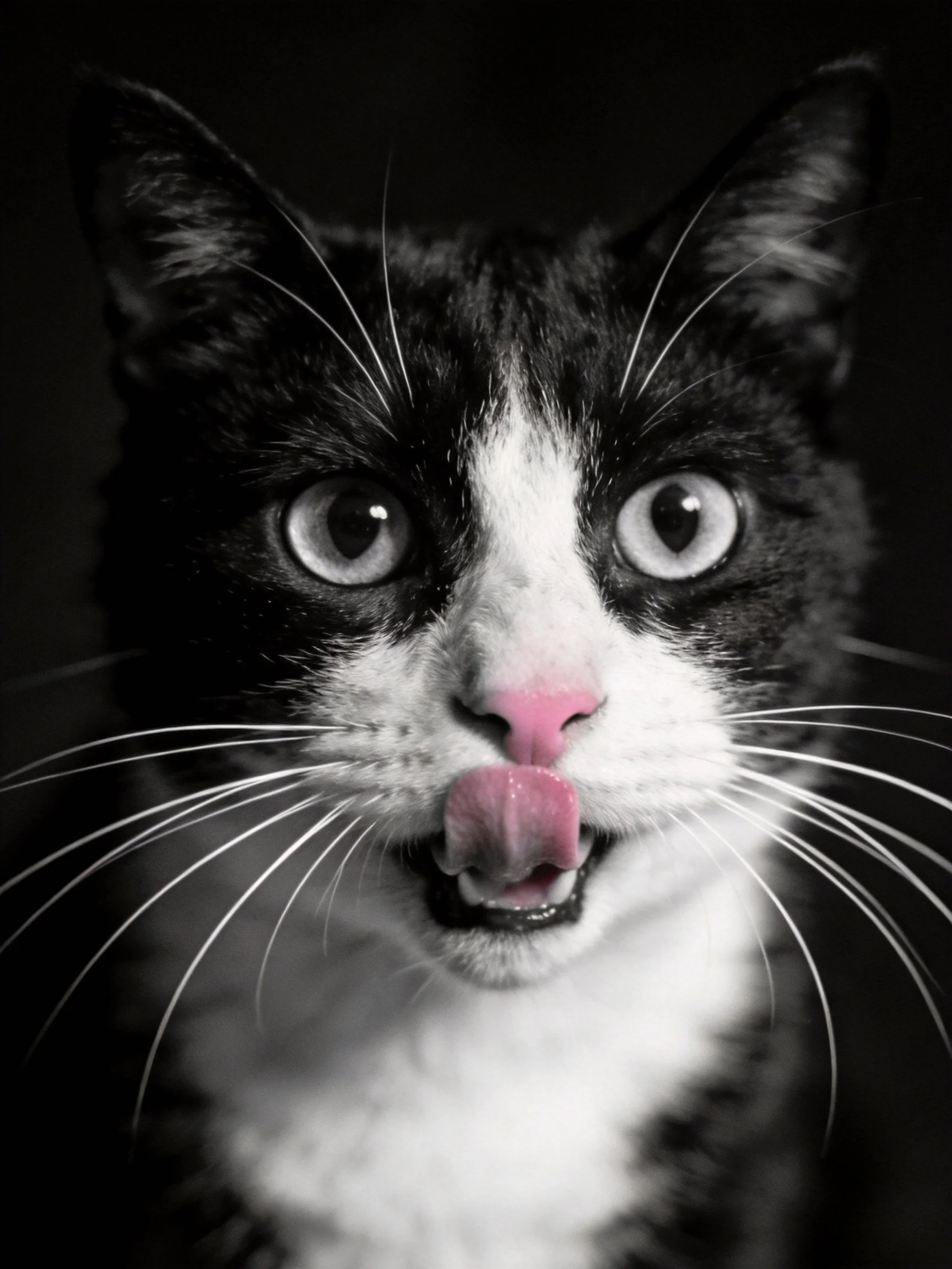 Black and white cat with pink nose licking, dark monochrome background