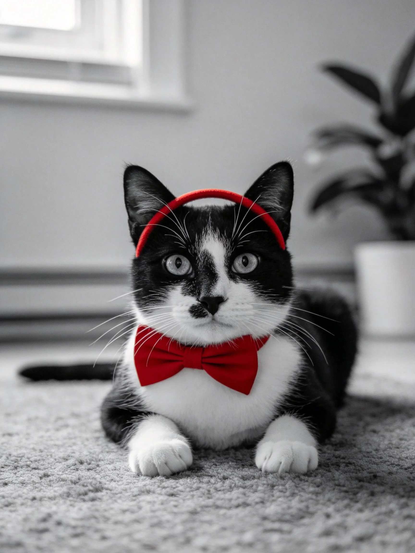 Black and white cat with red accessories on a carpet