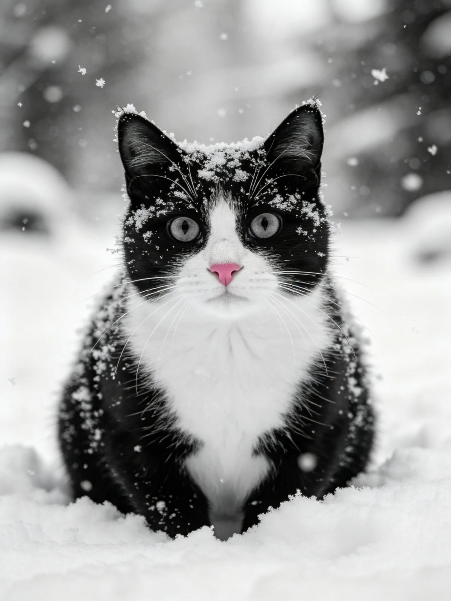 A black and white cat with snow on its fur in a snowy environment.