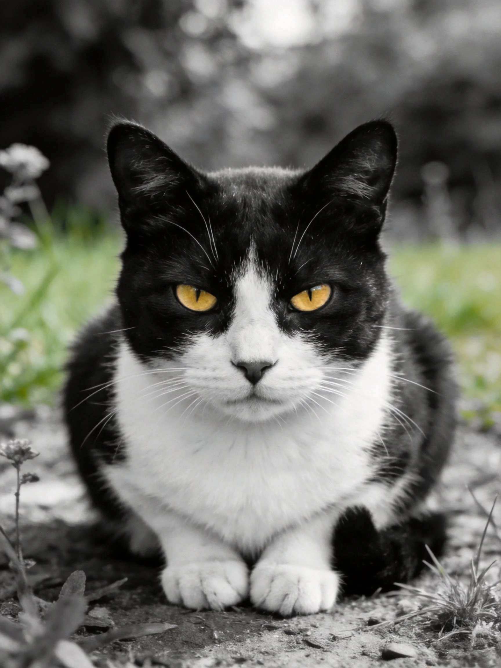 Black and white cat with striking yellow eyes outdoors