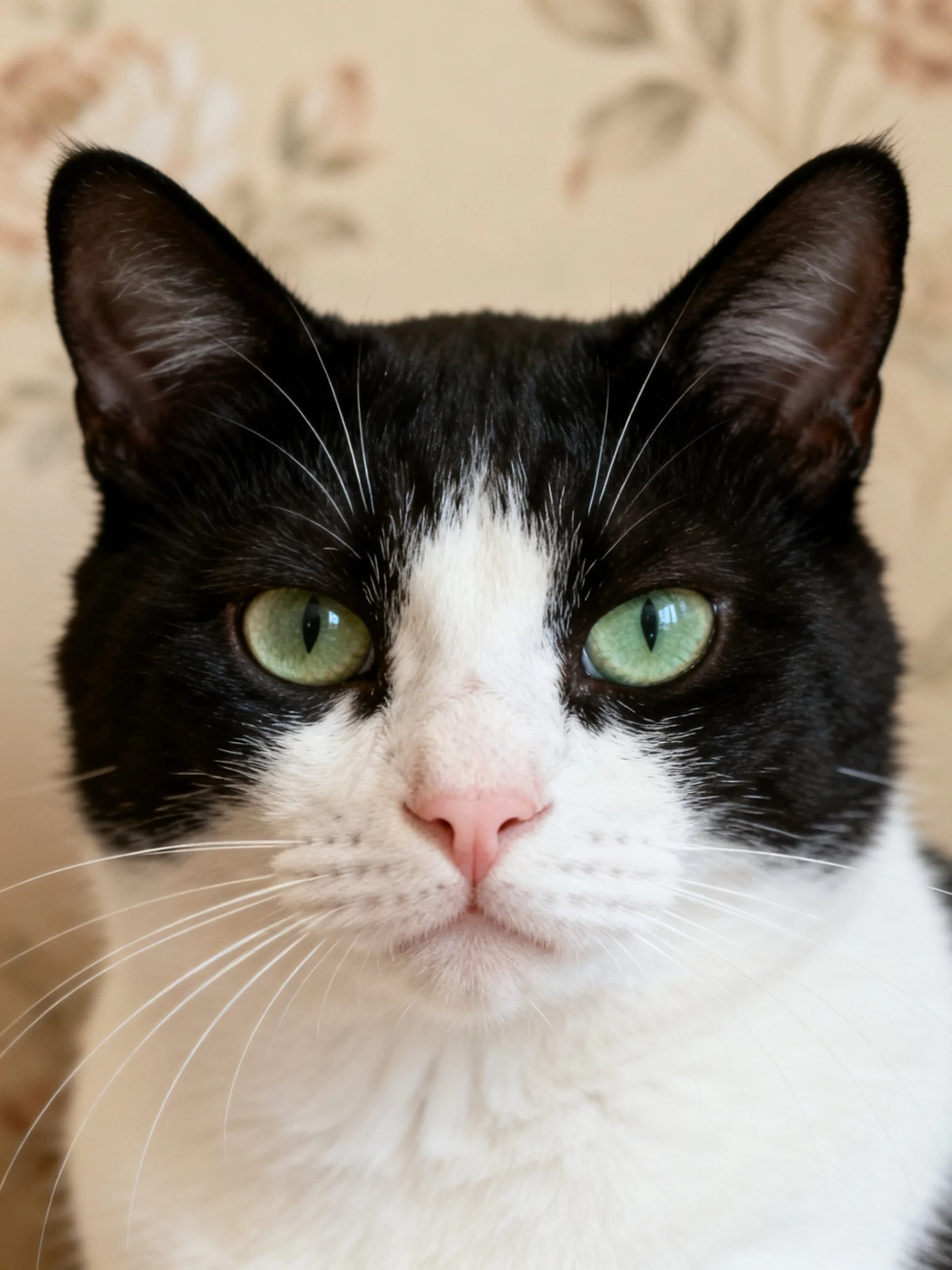 Black and white cat with vivid green eyes