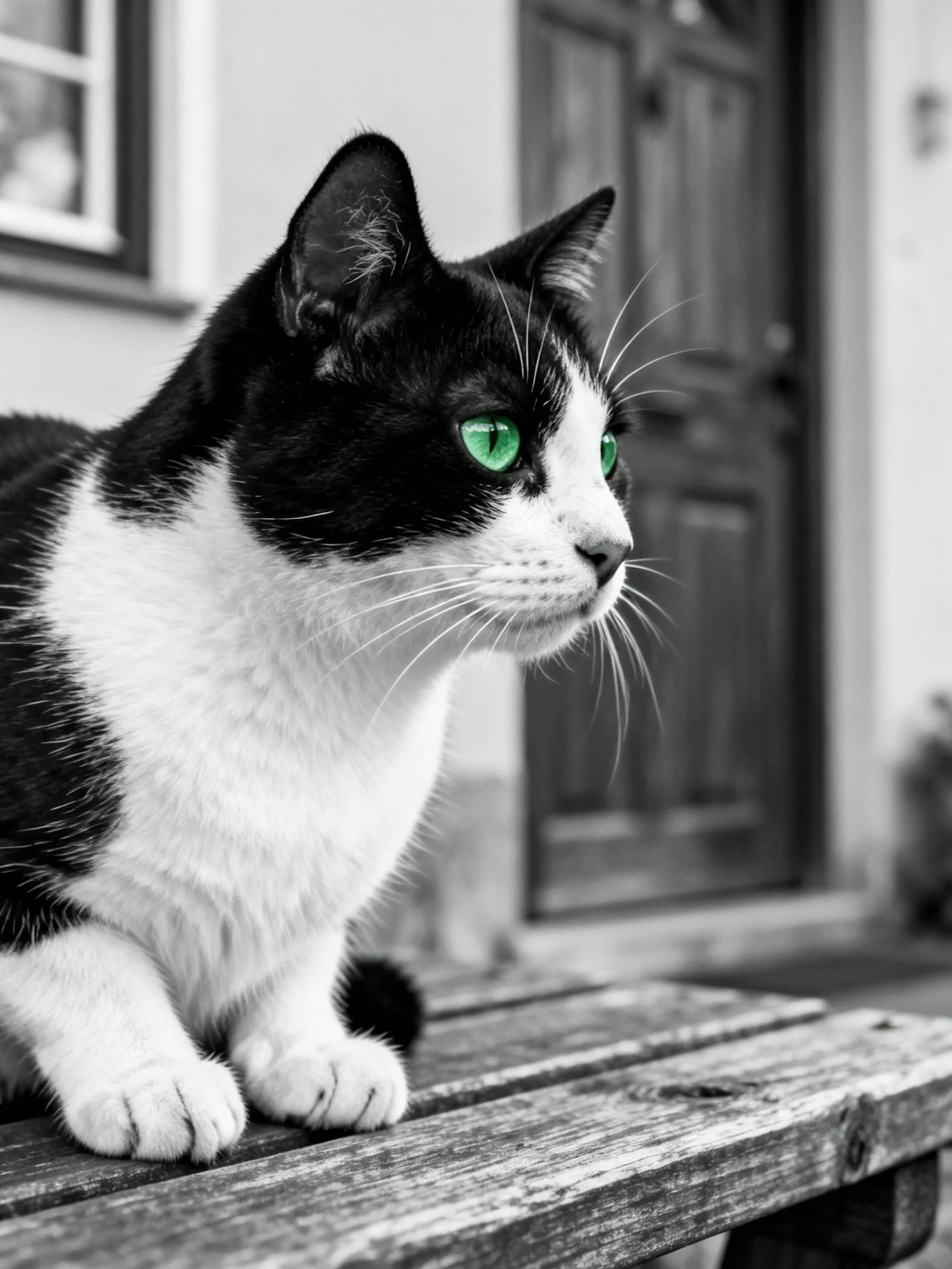 Black and white cat with vivid green eyes on weathered wooden bench