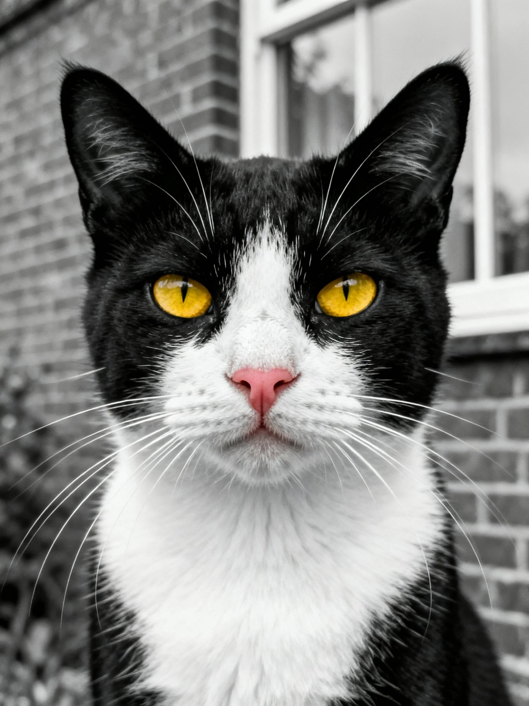 A black and white cat with vivid yellow eyes gazes directly at the viewer.