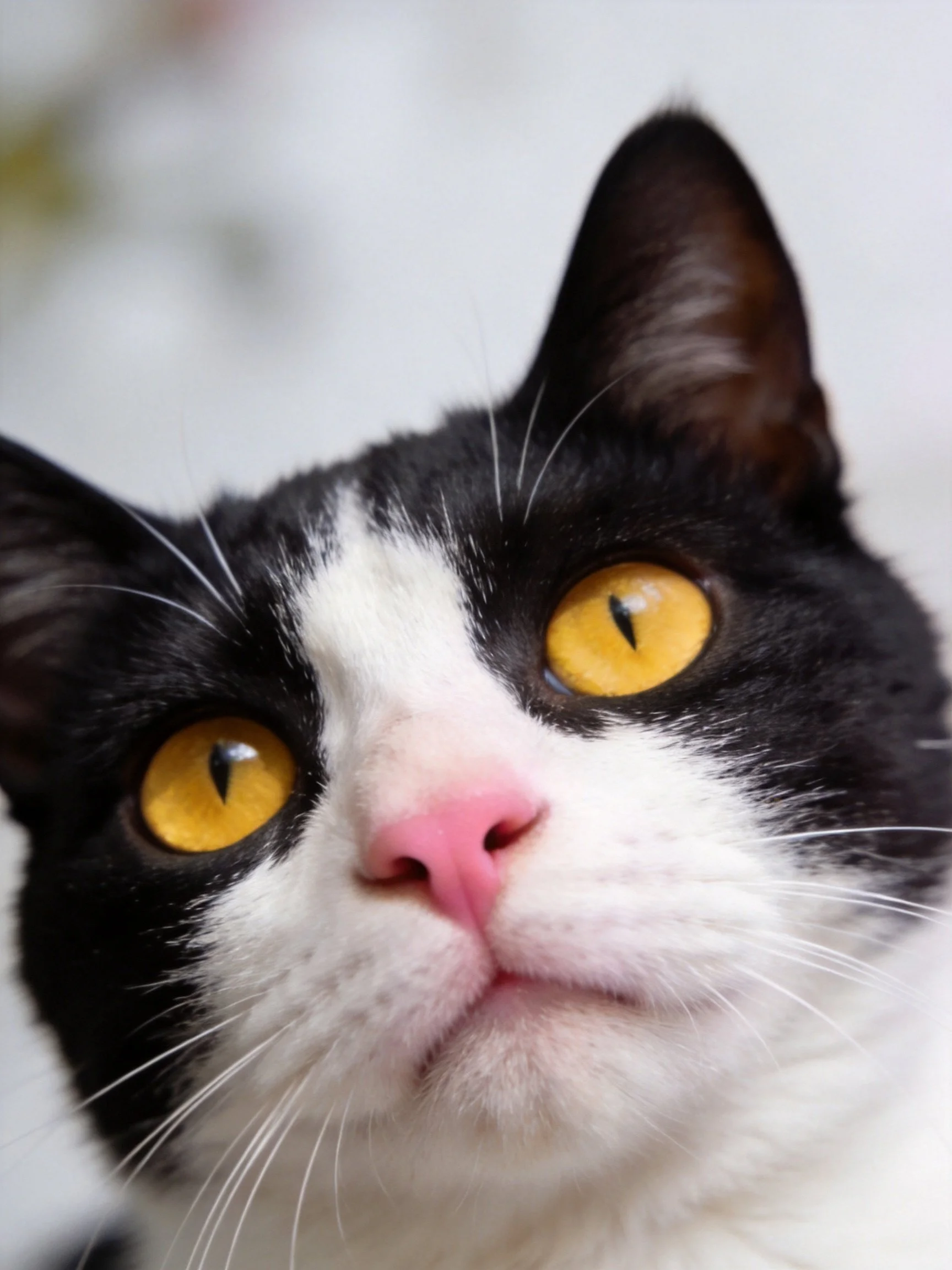 Black and white cat with vivid yellow eyes in close-up