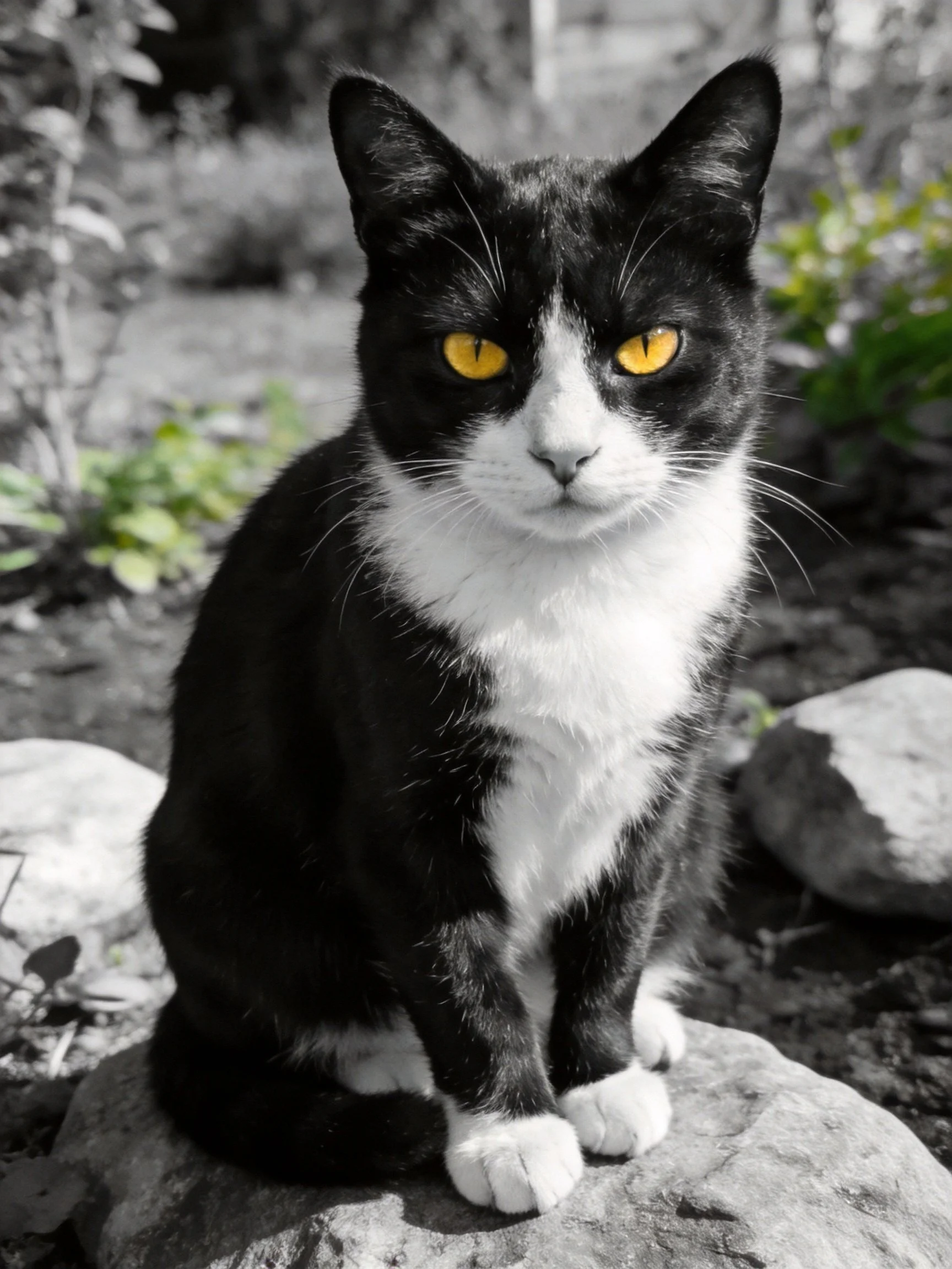 Black and white cat with vivid yellow eyes on a rock