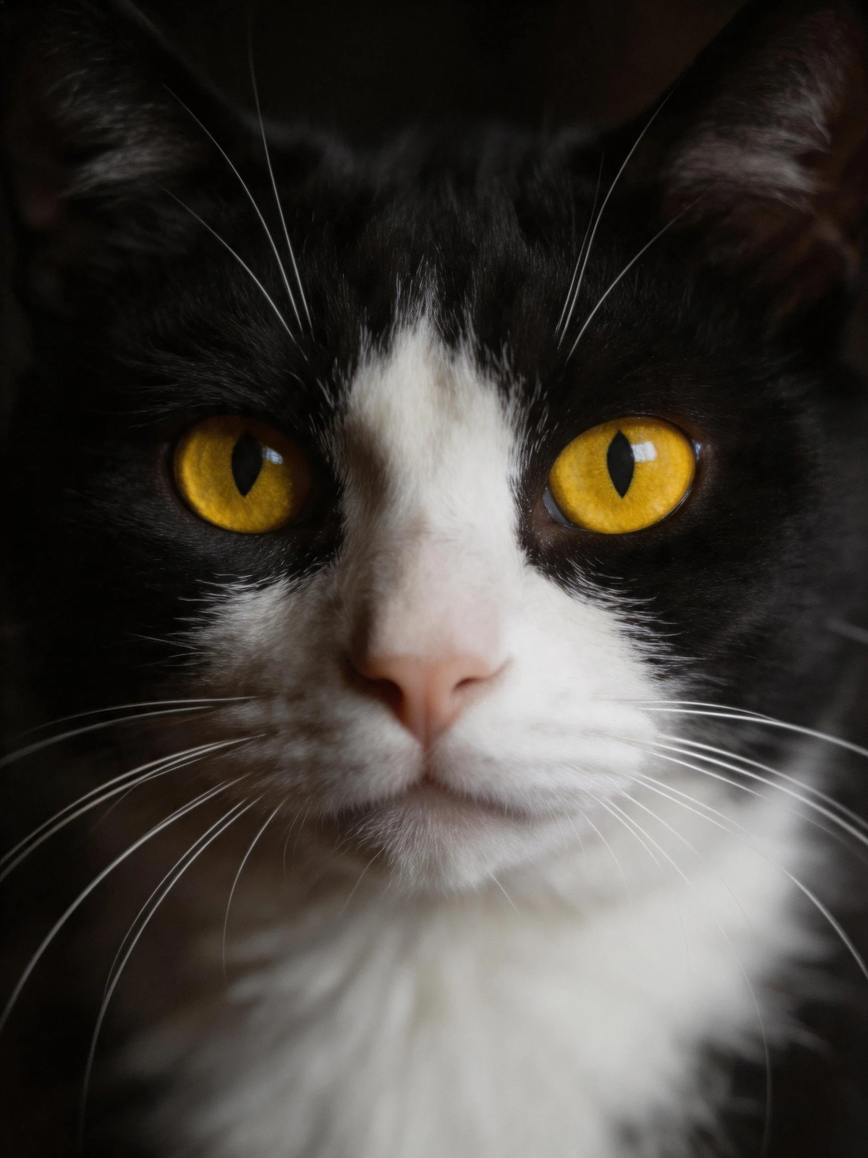 A black and white cat gazes directly at the viewer with striking yellow eyes.