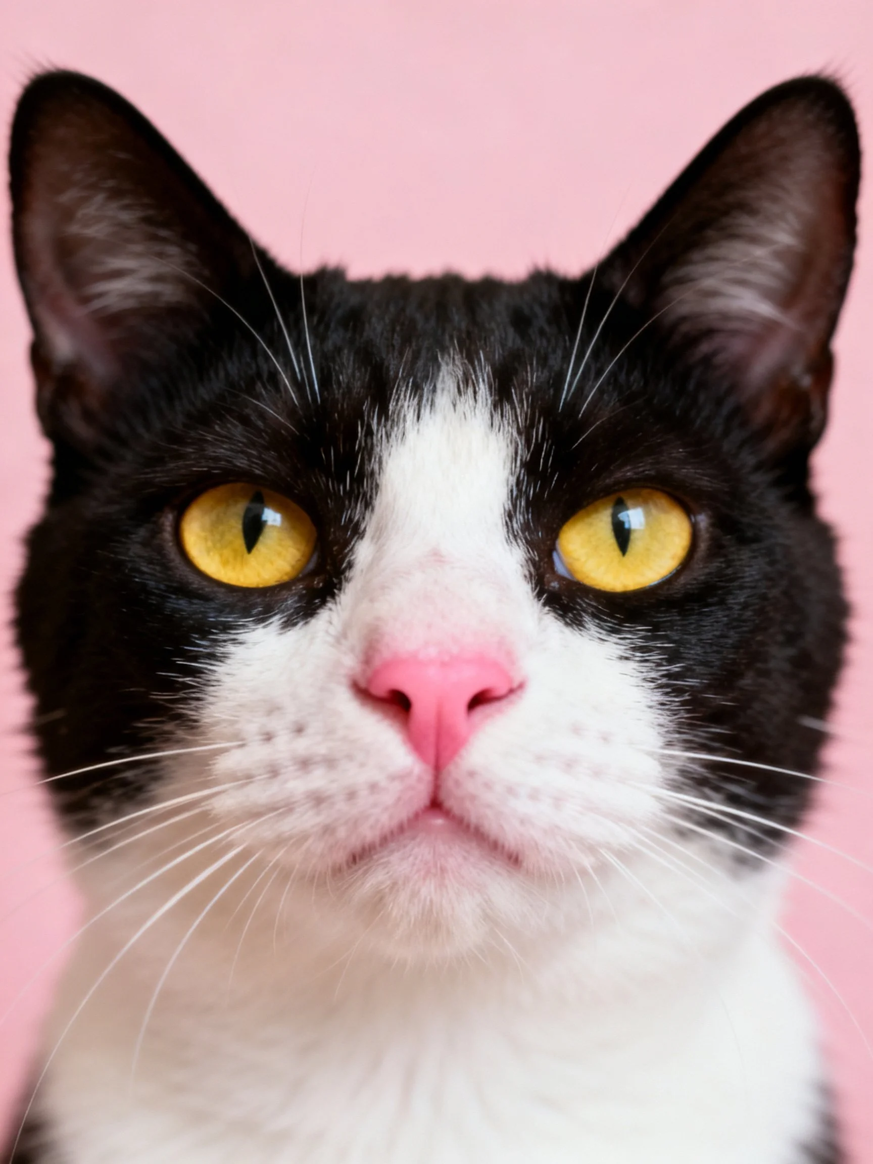 Close - up of a black and white cat with yellow eyes on a pink backdrop.