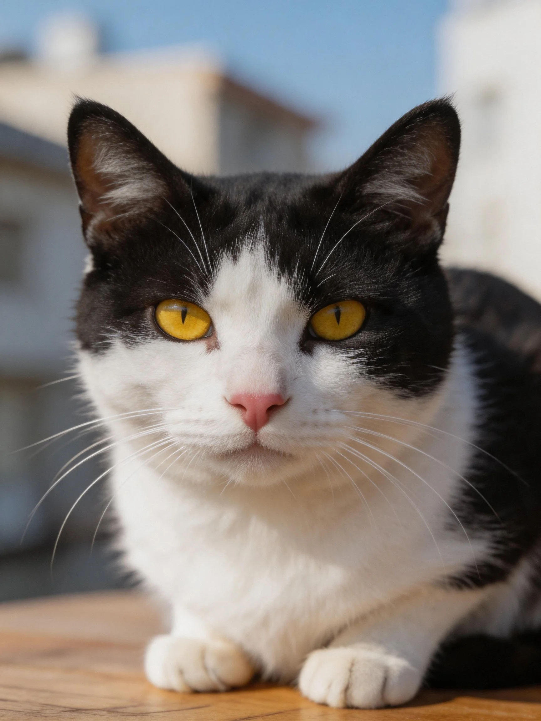 A black and white cat with yellow eyes rests on a wooden surface.