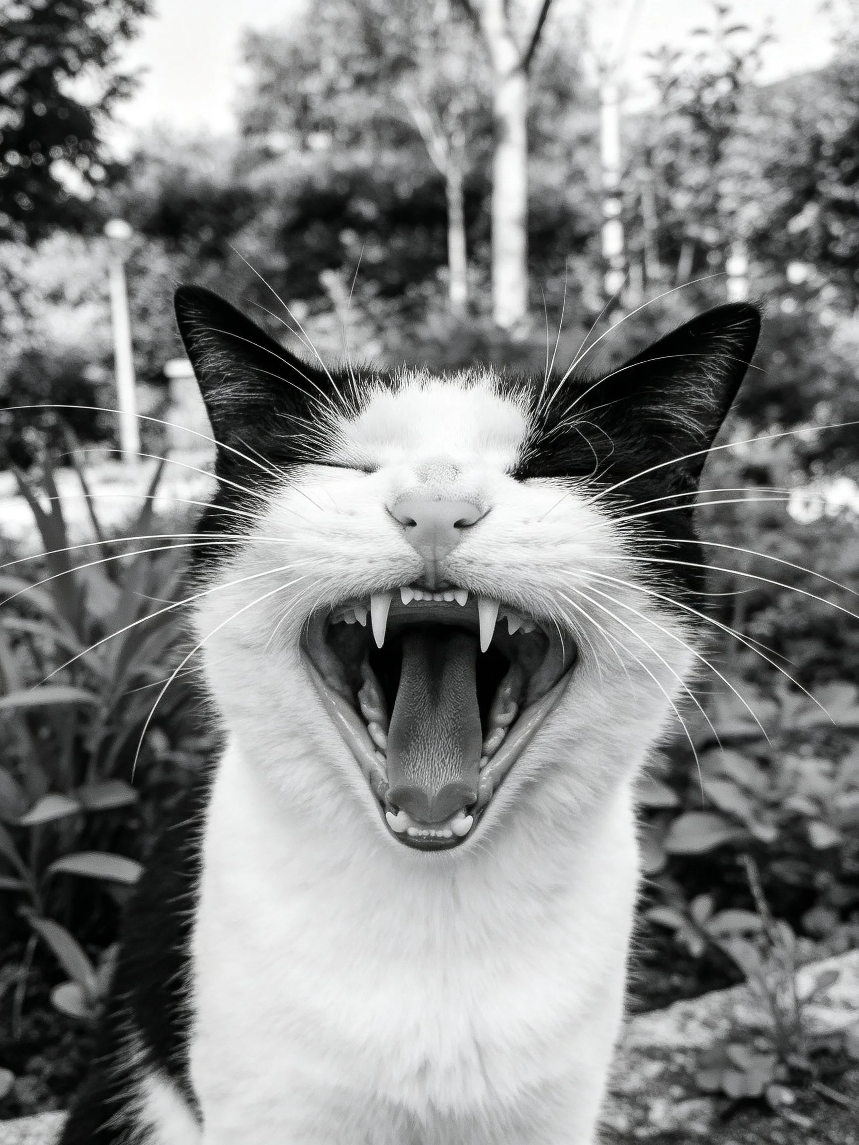 Black - and - white cat yawning outdoors near trees and foliage