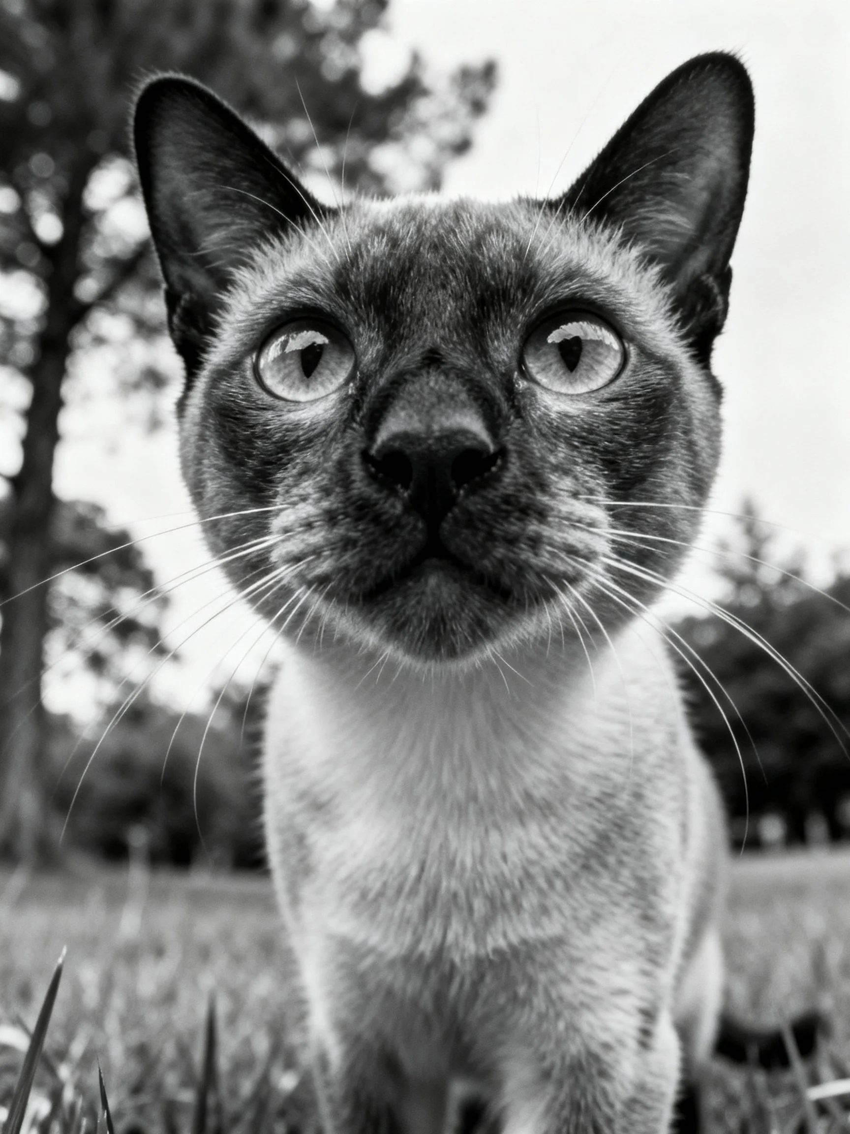 Black and white close - up of a Siamese cat in an outdoor setting